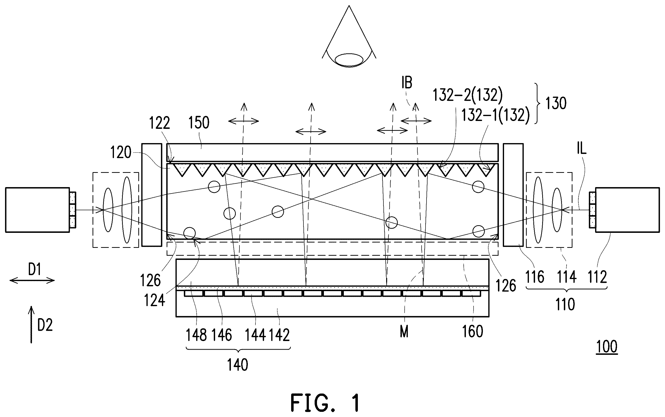 Patent US12345911 Figure 1 – Display device including polarizing beam splitter, sub-reflective elements, reflective polarizer, and reflective display unit