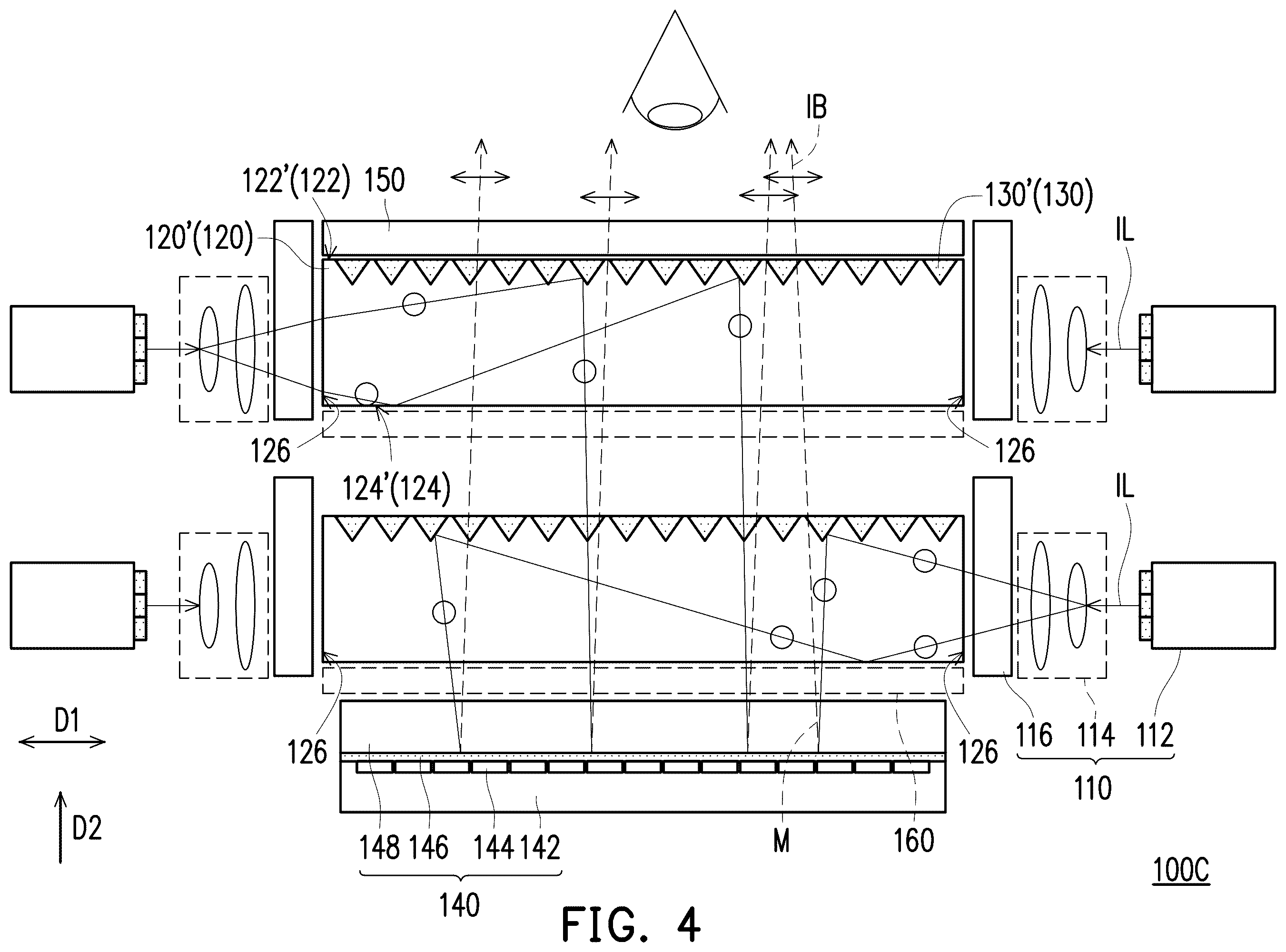 Patent US12345911 Figure 4 – Display device including polarizing beam splitter, sub-reflective elements, reflective polarizer, and reflective display unit