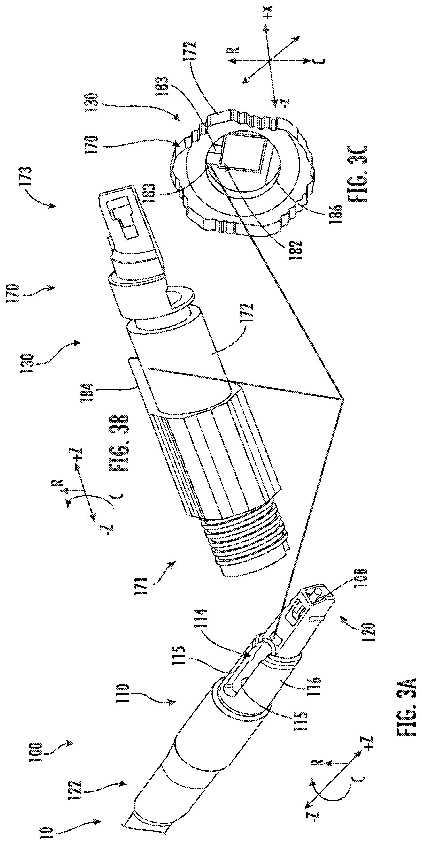 Patent US12345927 Figure 3 – Fiber optic adapter assemblies including a conversion housing and a release housing