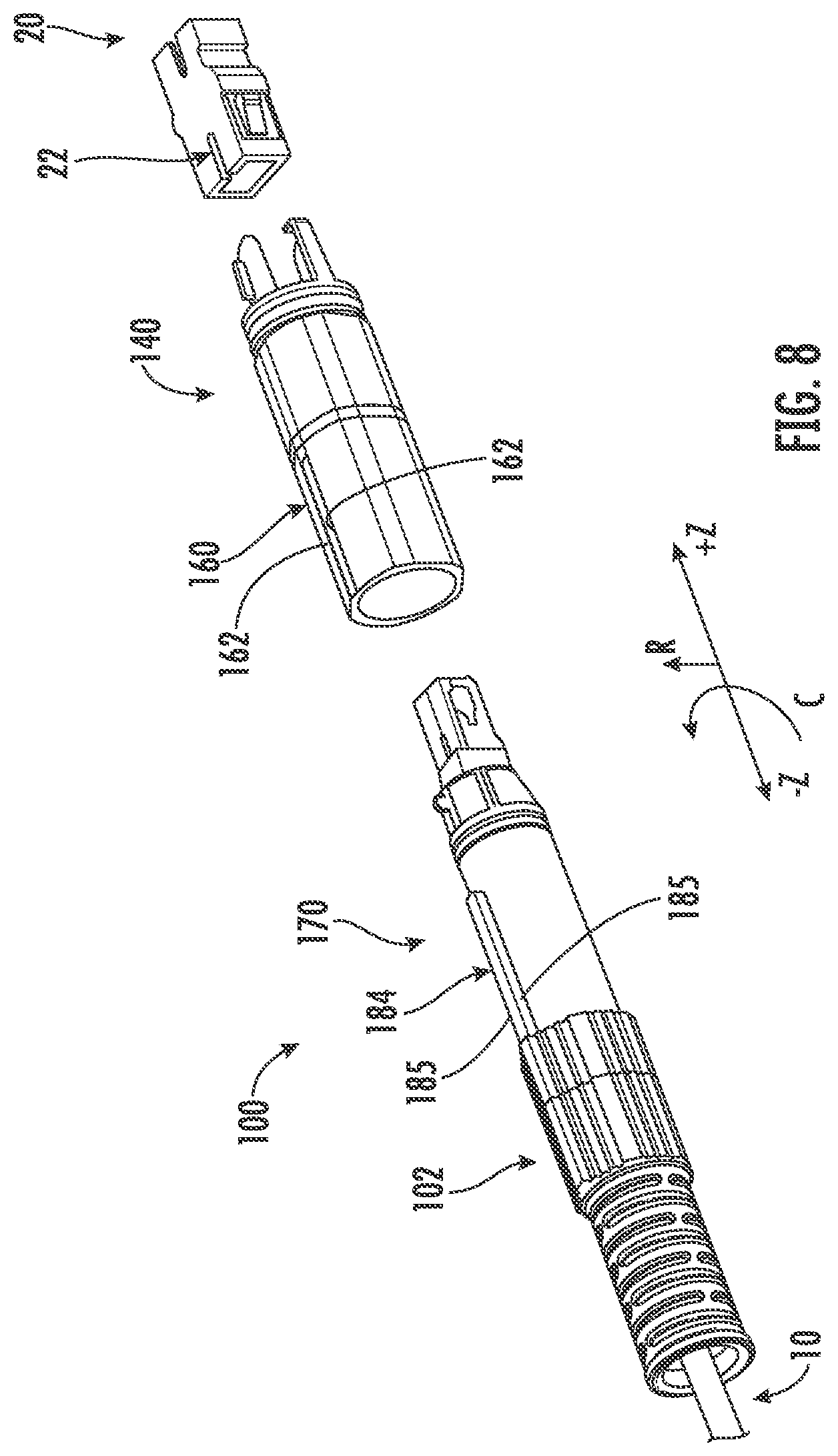Patent US12345927 Figure 8 – Fiber optic adapter assemblies including a conversion housing and a release housing
