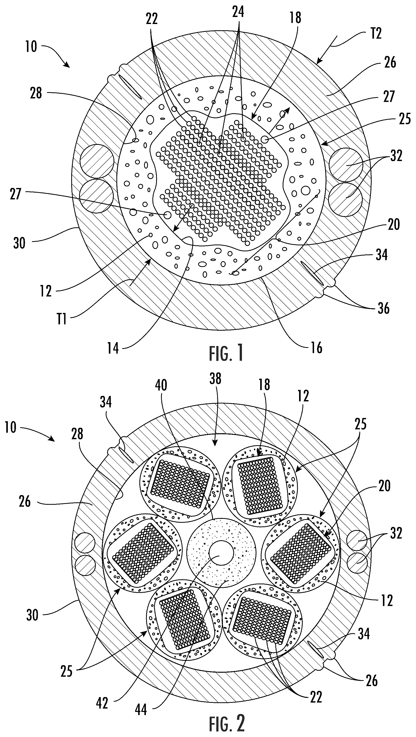 Patent US12345941 Figure 1 – Foamed tube having free space around ribbon stacks of optical fiber cable
