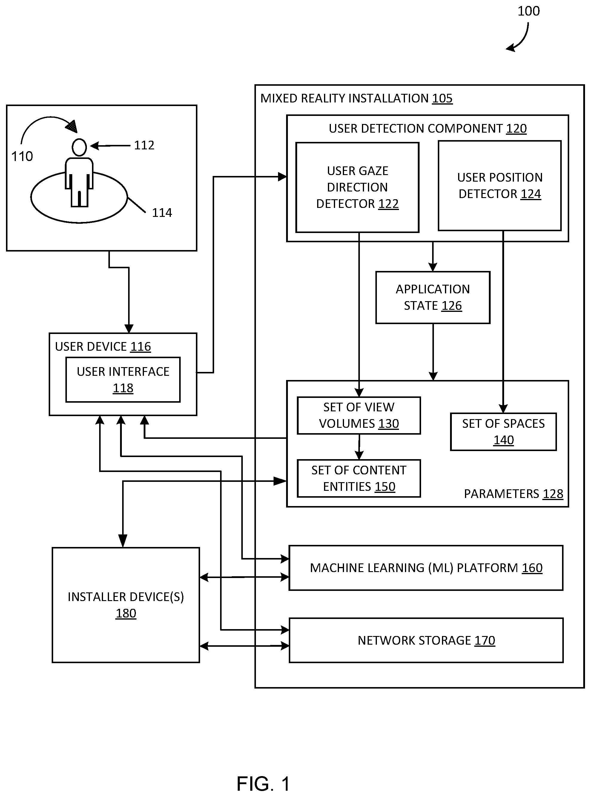 Patent US12347040 Figure 1 – Controlling application state in a mixed reality installation