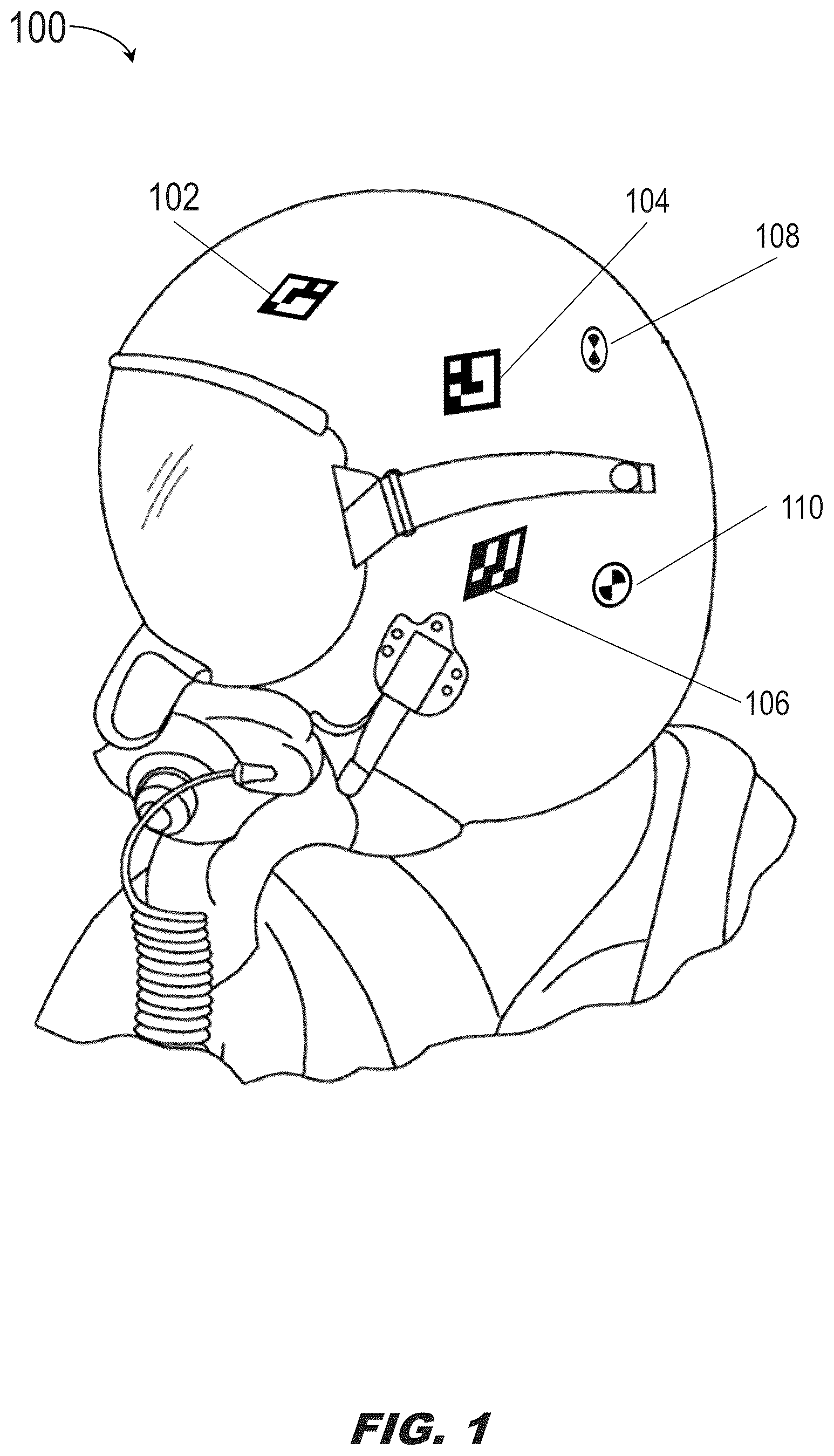 Patent US12347139 Figure 1 – High-confidence optical head pose correspondence mapping with multiple lower-density markers for high-integrity headtracking on a headworn display (HWD)
