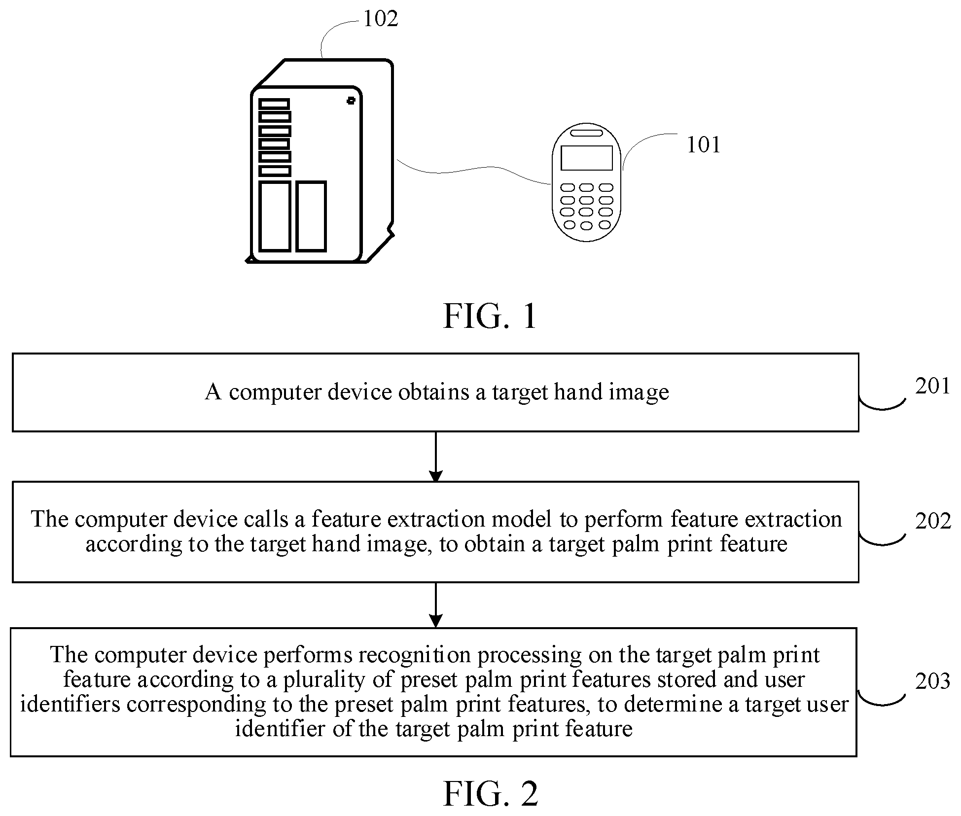 Patent US12347227 Figure 1 – Palm print recognition method, method for training feature extraction model, comprising obtaining sample hand images for user identifiers, calling feature extraction model to extract palm print features, and adjust the feature extraction model according to the sample palm print features
