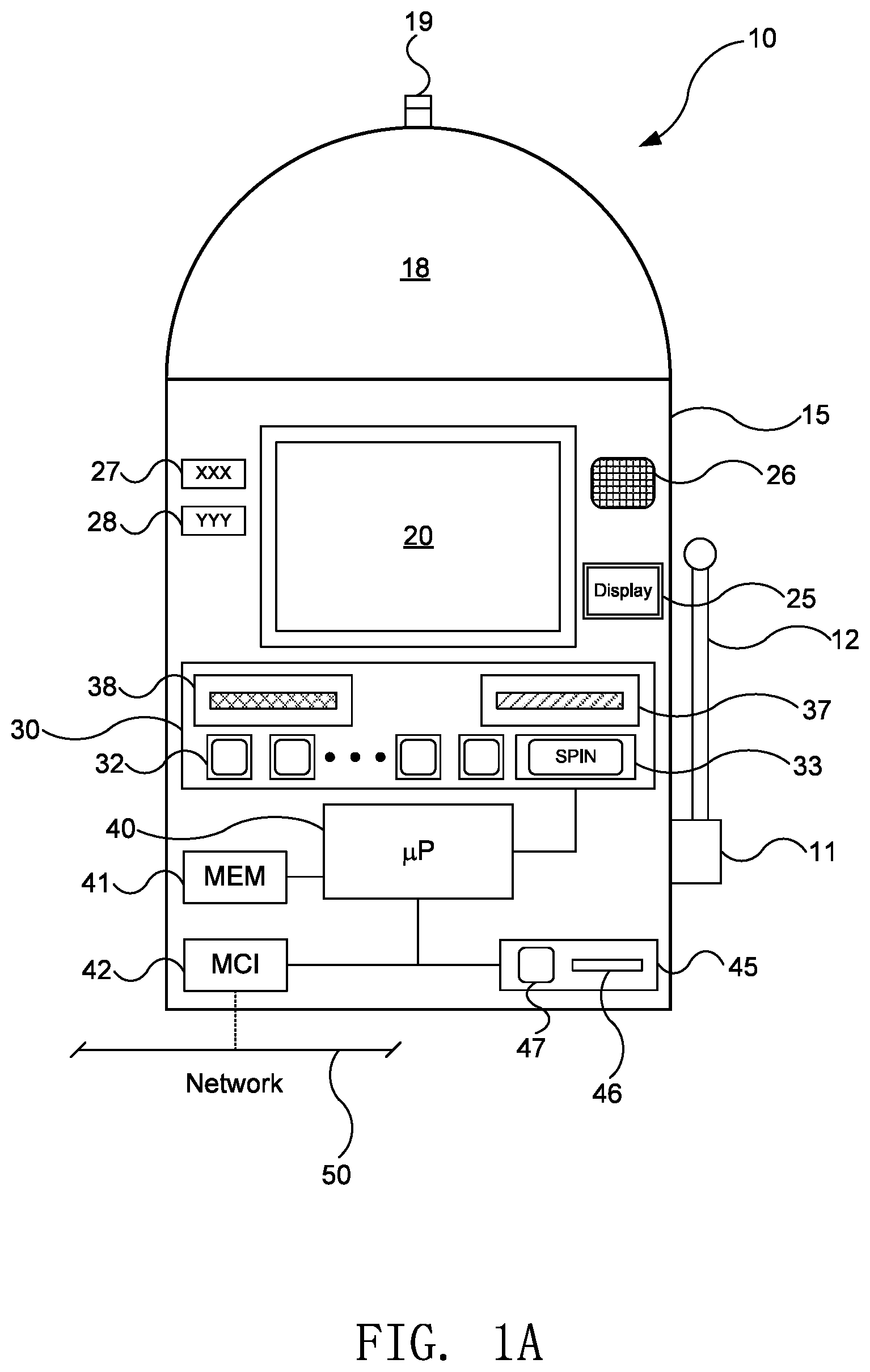 Patent US12347281 Figure 1 – Gaming device having multiple game play option