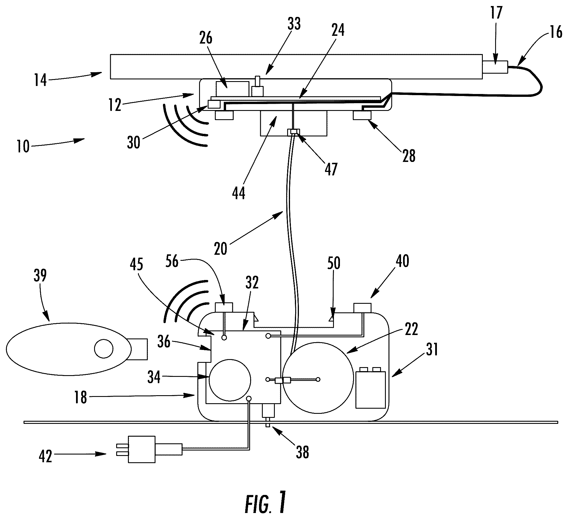 Patent US12347285 Figure 1 – Tethered security system with wireless communication