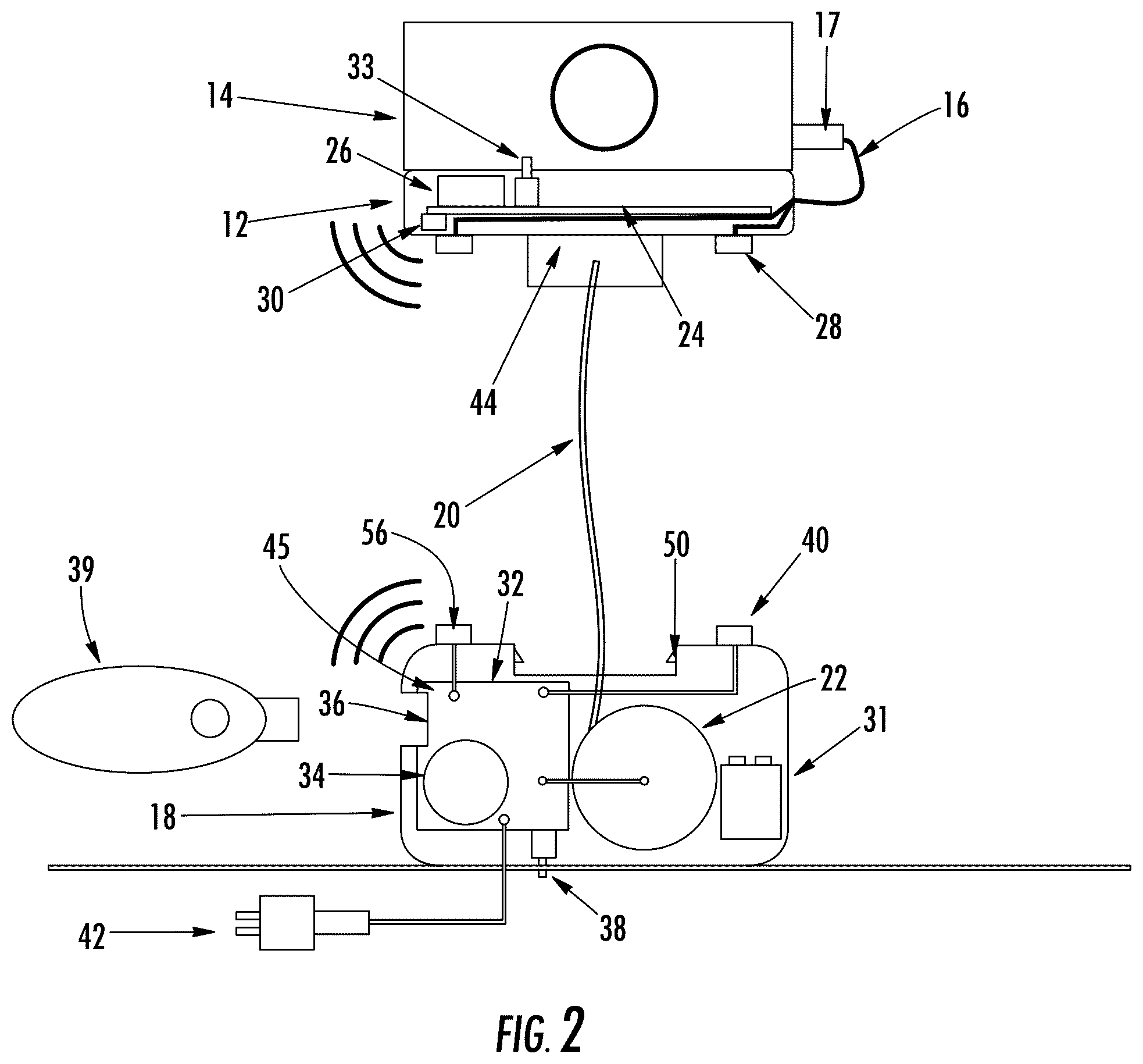 Patent US12347285 Figure 2 – Tethered security system with wireless communication