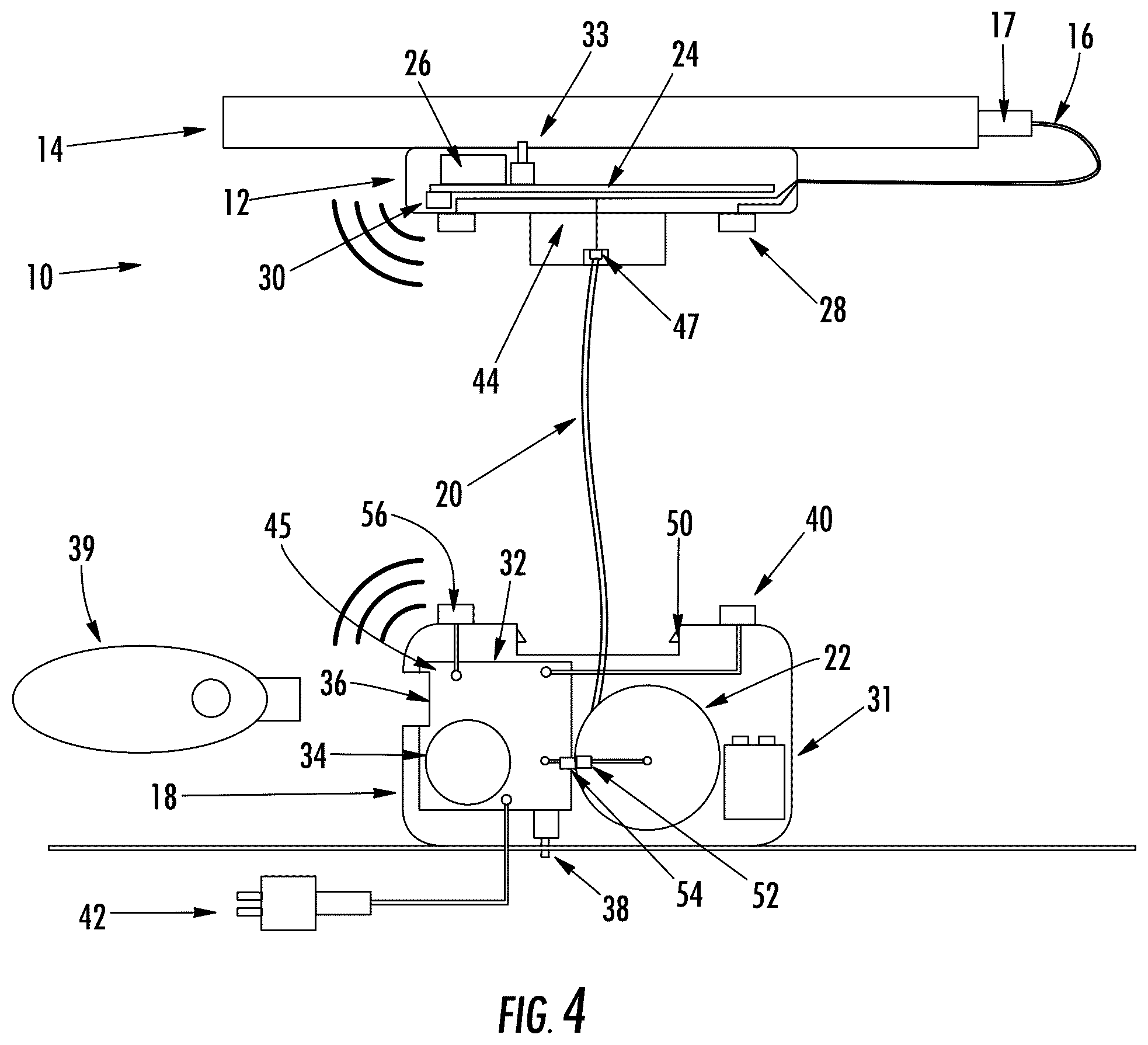 Patent US12347285 Figure 4 – Tethered security system with wireless communication