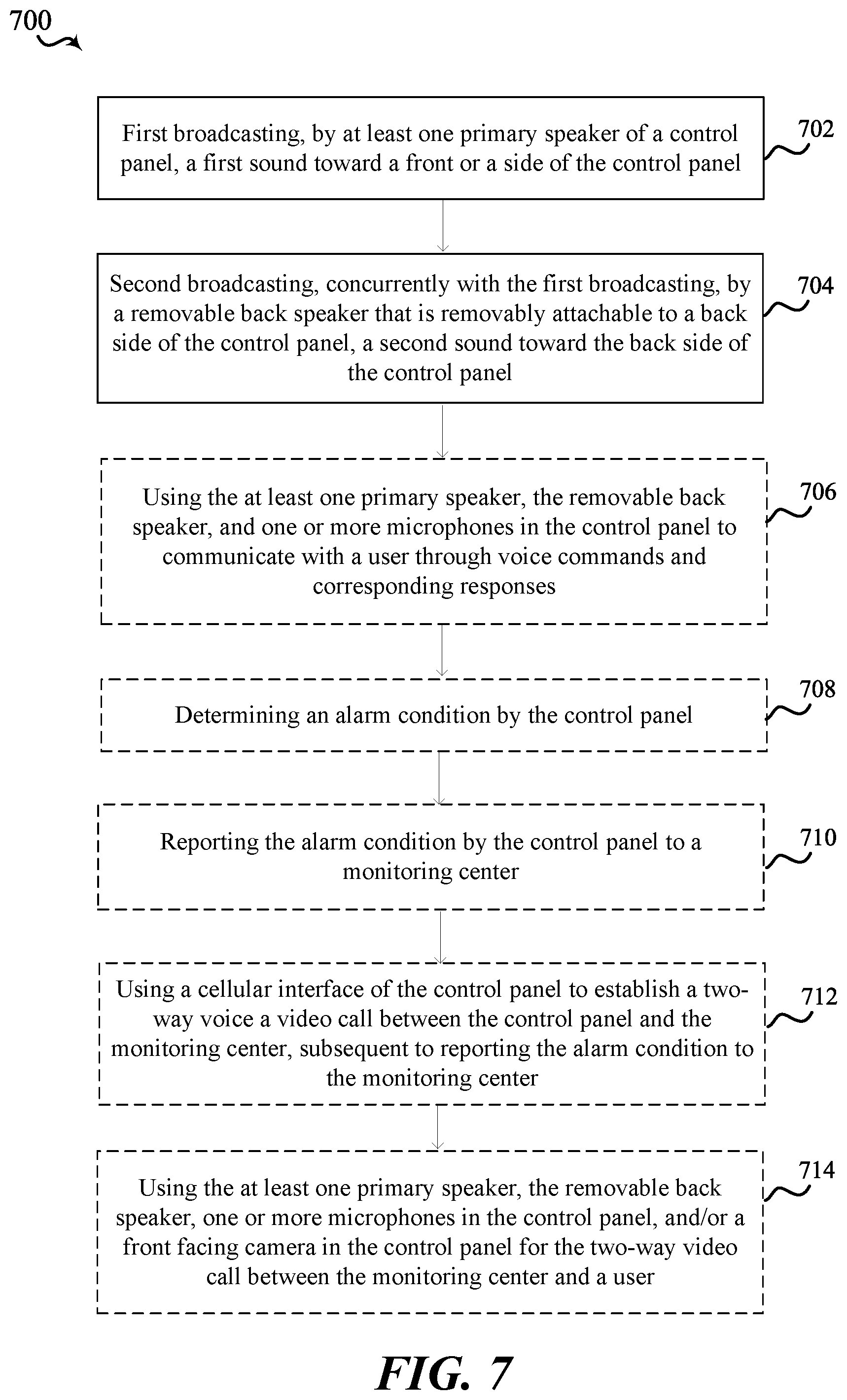 Patent US12347291 Figure 7 – Security / automation system control panel with removable back speaker