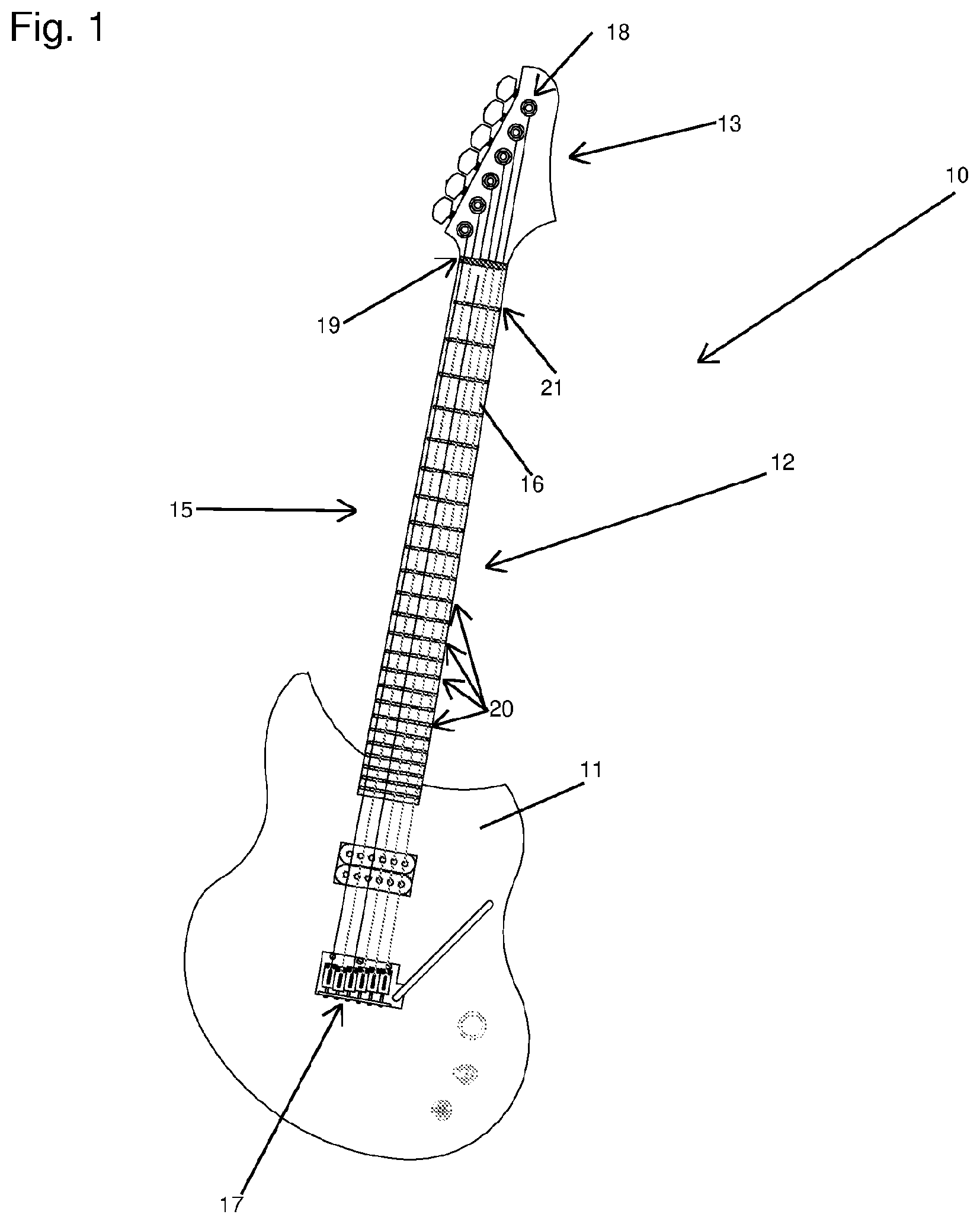 Patent US12347407 Figure 1 – Nut and string tree for a stringed musical instrument