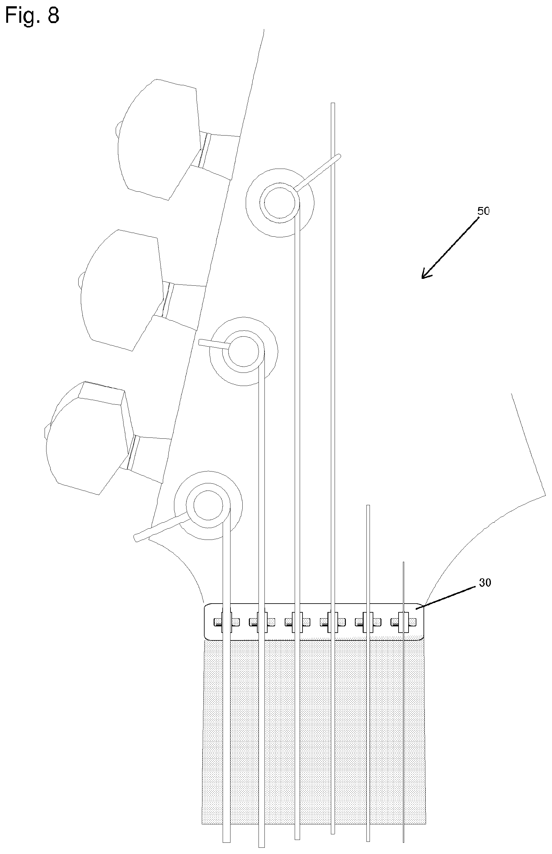 Patent US12347407 Figure 8 – Nut and string tree for a stringed musical instrument