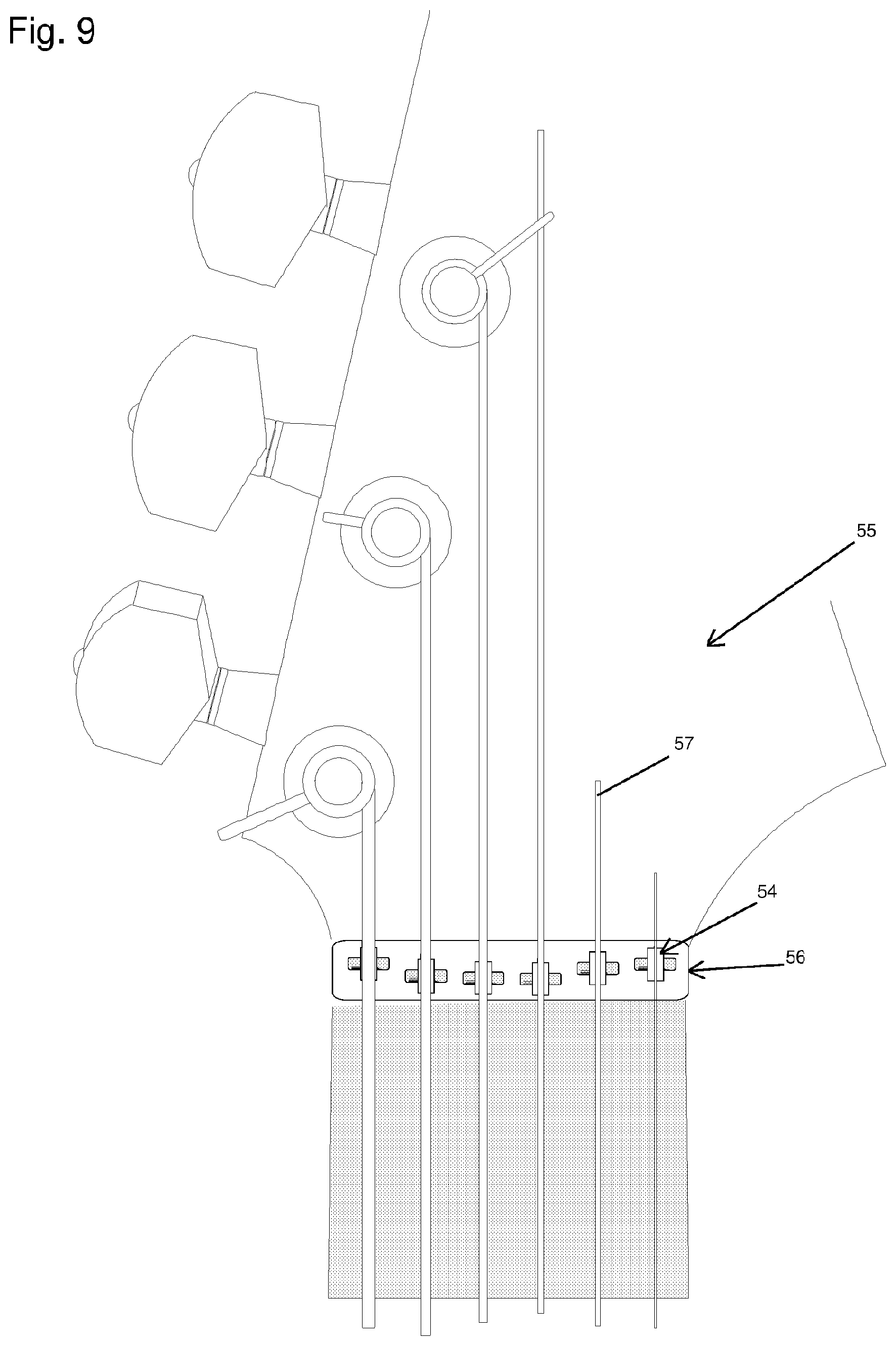 Patent US12347407 Figure 9 – Nut and string tree for a stringed musical instrument