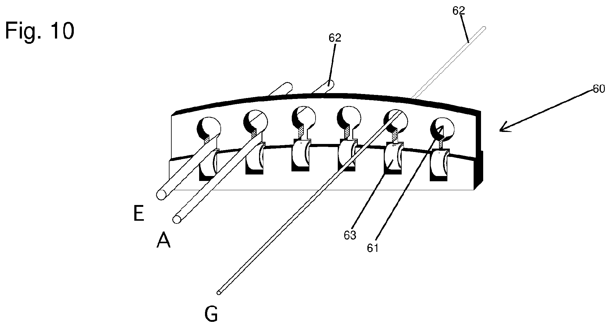 Patent US12347407 Figure 10 – Nut and string tree for a stringed musical instrument