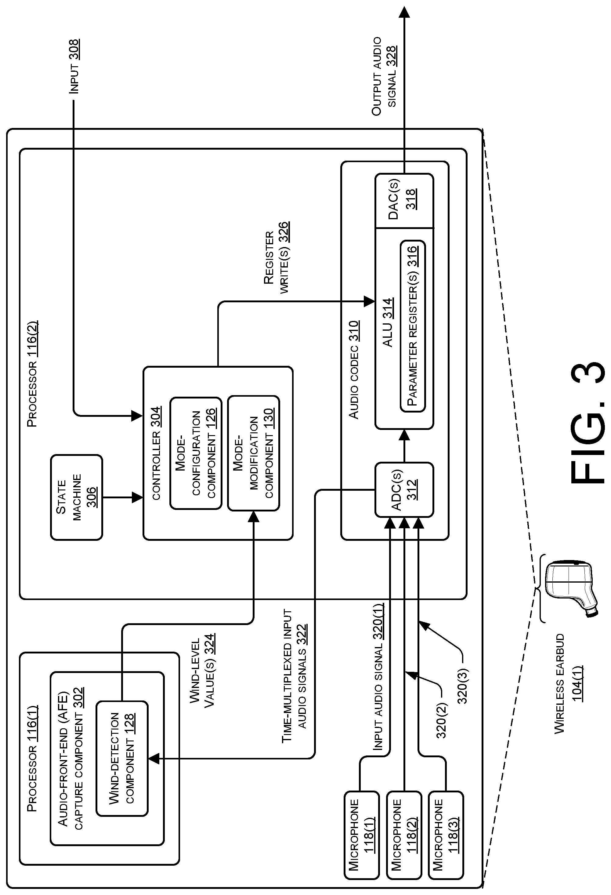 Patent US12347413 Figure 3 – Mitigating effects of wind in audio data