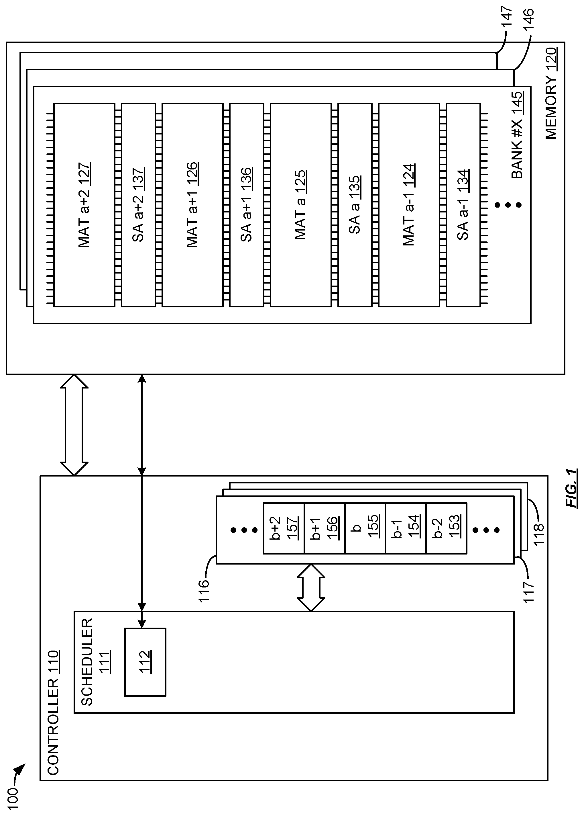 Patent US12347480 Figure 1 – Memory system with multiple open rows per bank