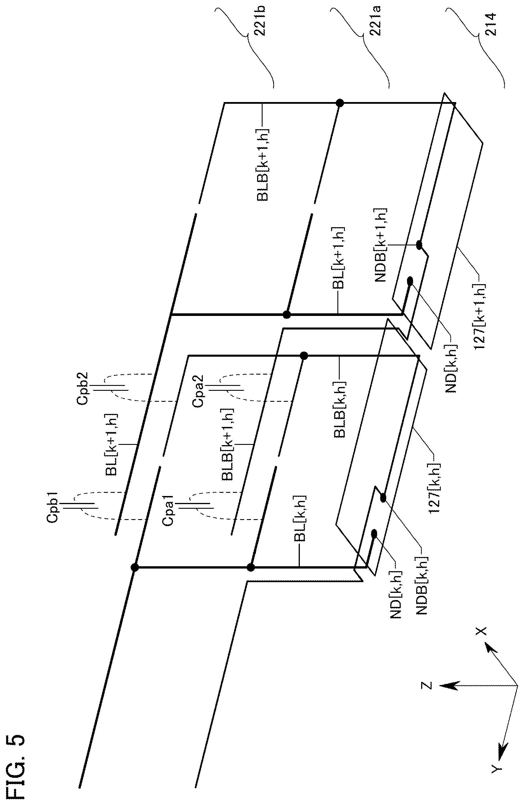 Patent US12347482 Figure 5 – Memory device including plurality of overlap memory cell arrays with folded bit-lines