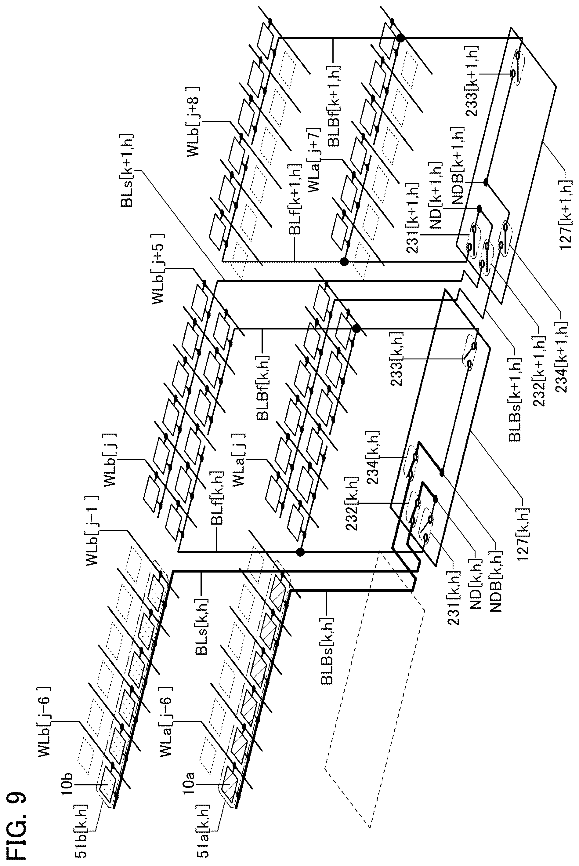 Patent US12347482 Figure 9 – Memory device including plurality of overlap memory cell arrays with folded bit-lines
