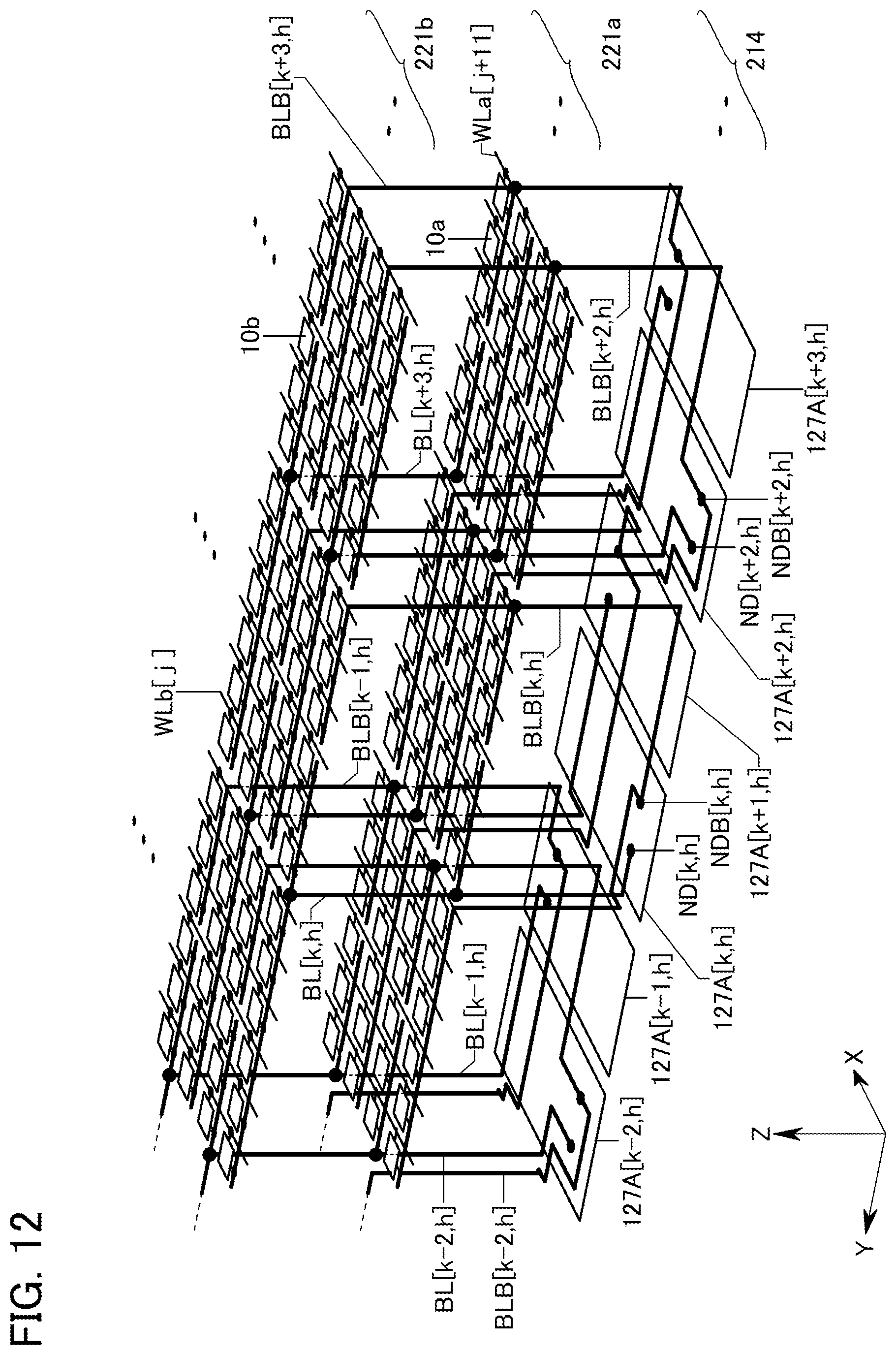Patent US12347482 Figure 12 – Memory device including plurality of overlap memory cell arrays with folded bit-lines