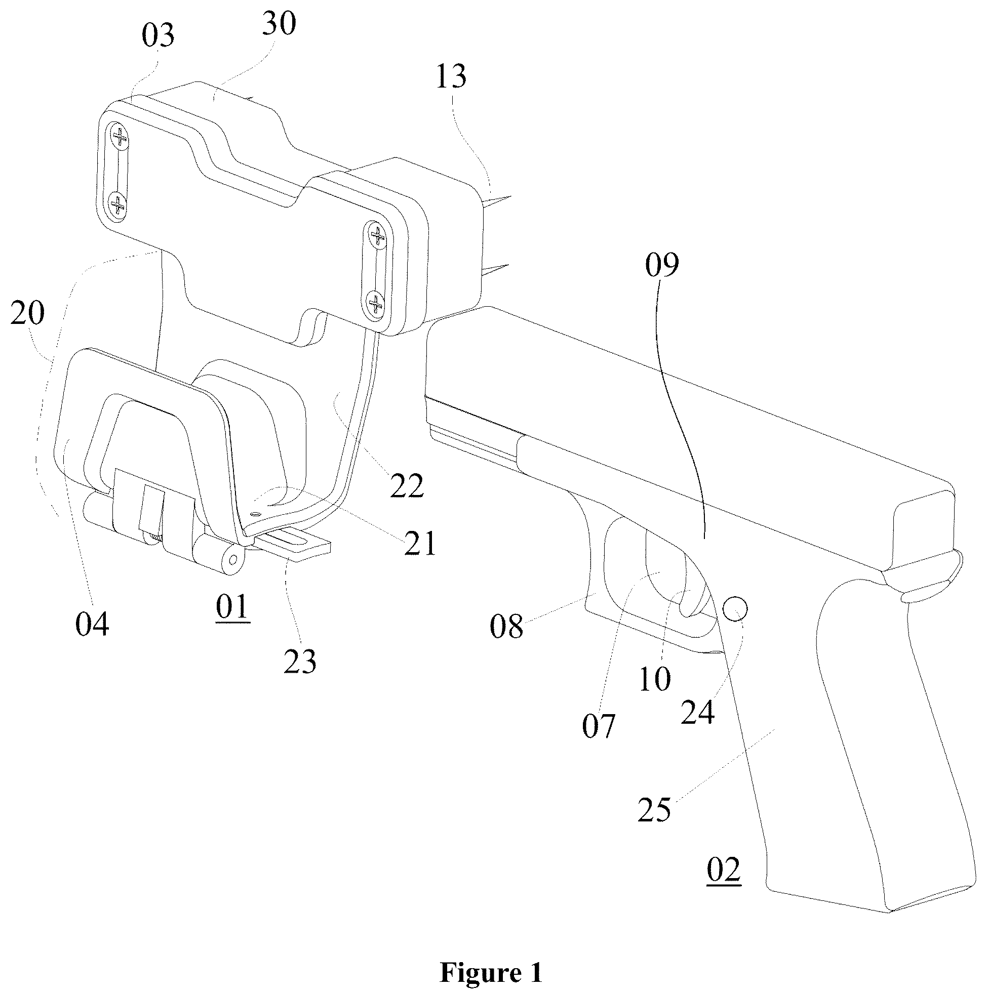 Patent US12347615 Figure 1 – Side firearm magnet mount and method of securely holding firearm and preventing accidental discharge