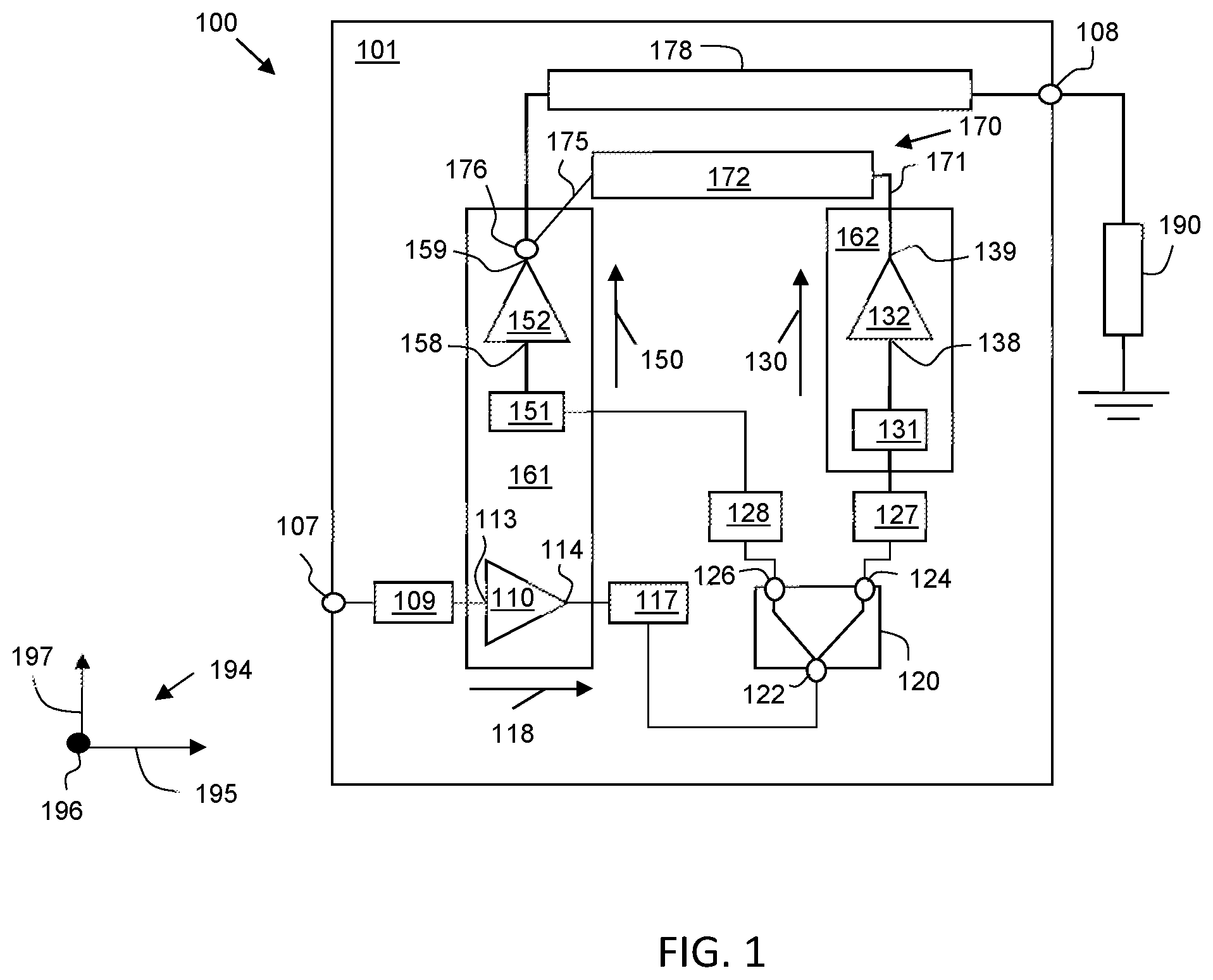 Patent US12347740 Figure 1 – Power amplifier module with transistor dies for multiple amplifier stages on a same heat dissipation structure