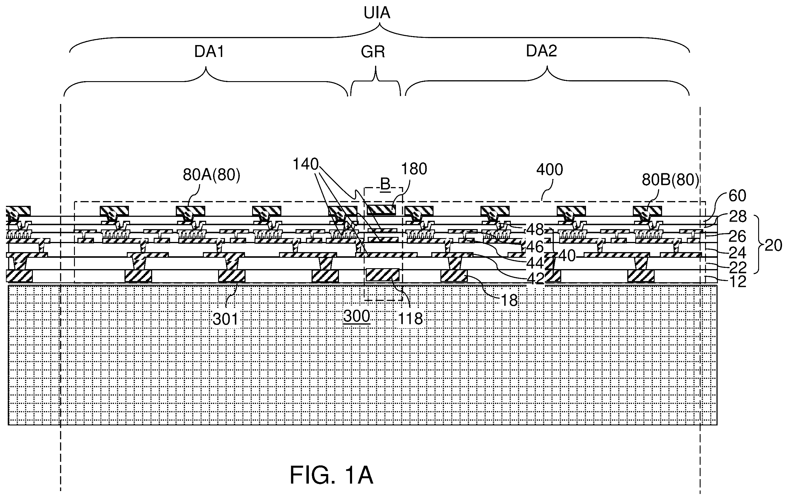 Patent US12347764 Figure 1 – Organic interposer including intra-die structural reinforcement structures and methods of forming the same