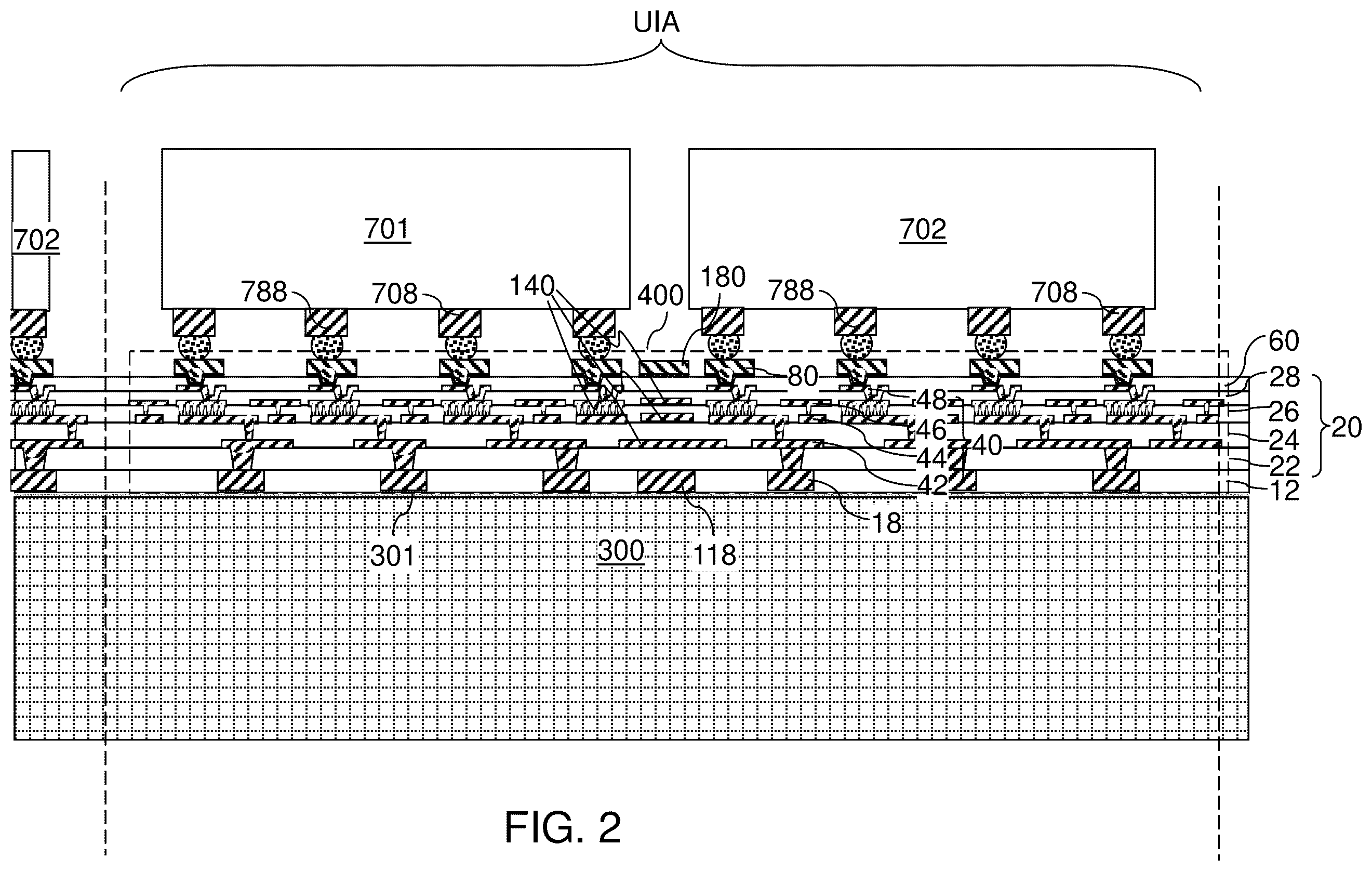 Patent US12347764 Figure 10 – Organic interposer including intra-die structural reinforcement structures and methods of forming the same