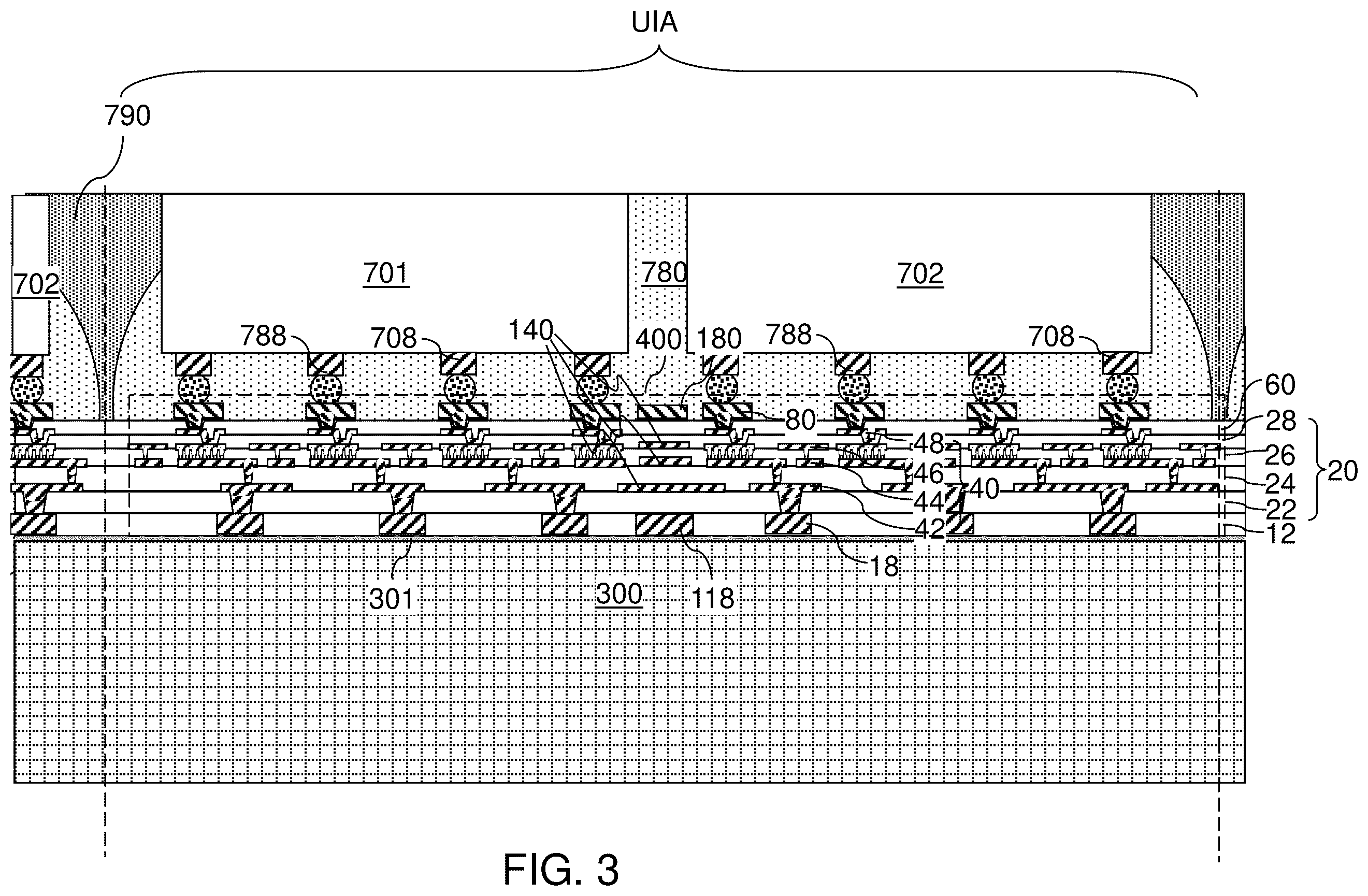 Patent US12347764 Figure 11 – Organic interposer including intra-die structural reinforcement structures and methods of forming the same