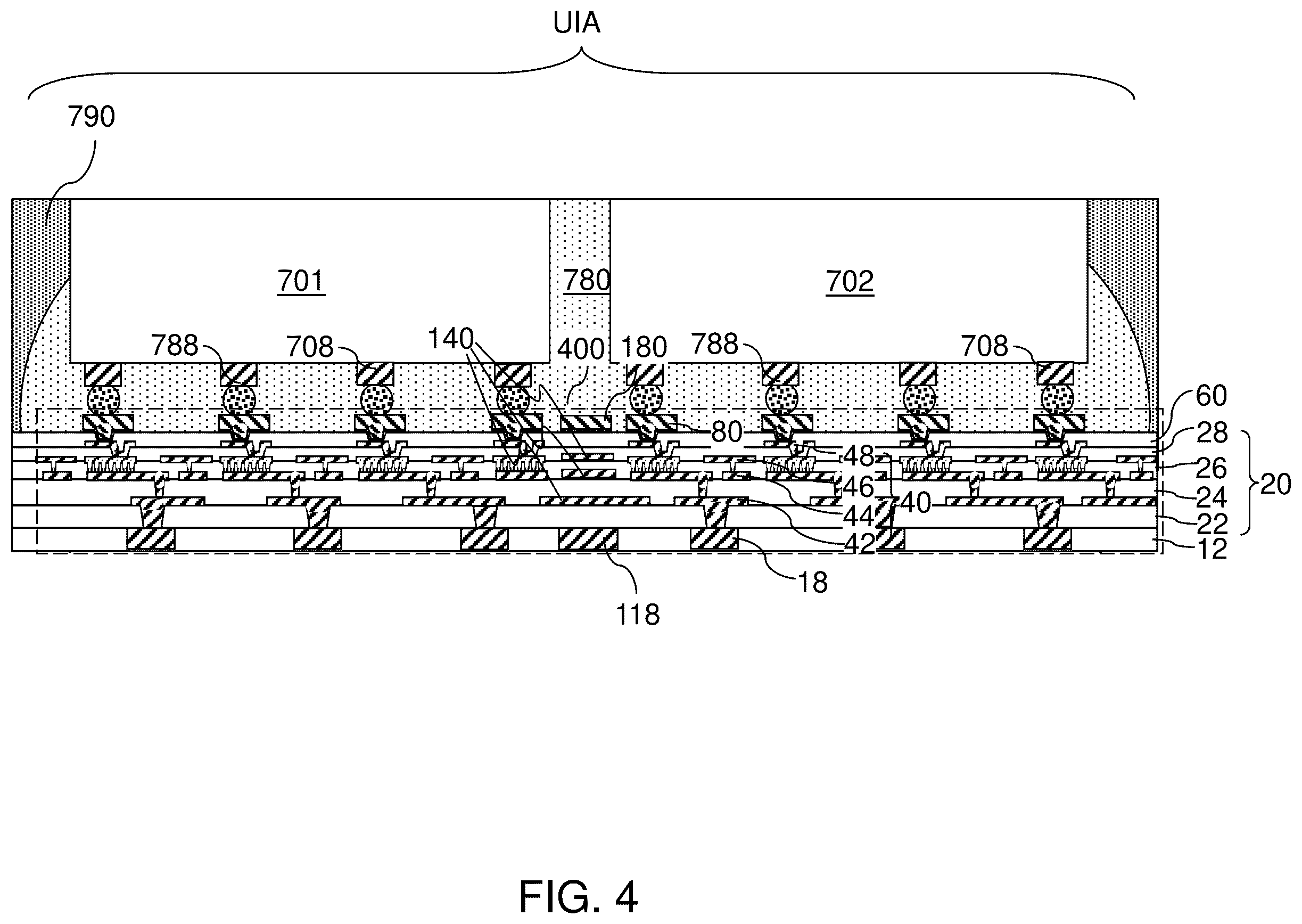 Patent US12347764 Figure 12 – Organic interposer including intra-die structural reinforcement structures and methods of forming the same