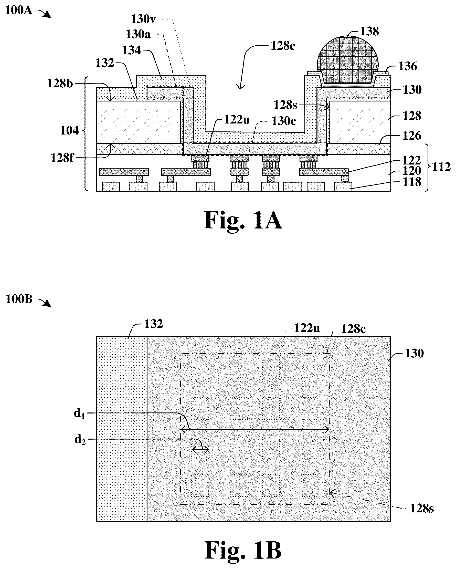 Patent US12347799 Figure 1 – Bond pad structure coupled to multiple interconnect conductive\ structures through trench in substrate