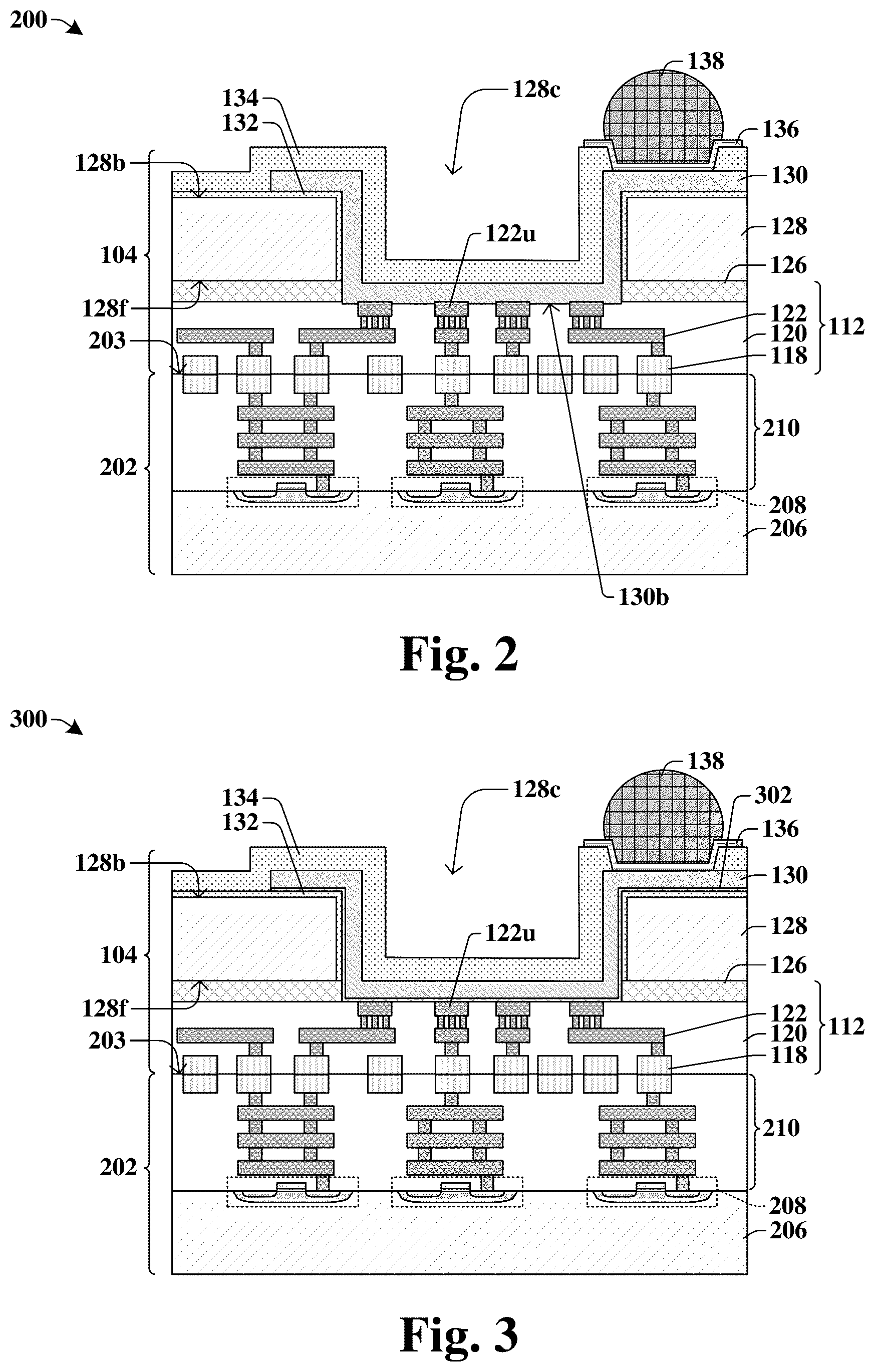 Patent US12347799 Figure 2 – Bond pad structure coupled to multiple interconnect conductive\ structures through trench in substrate