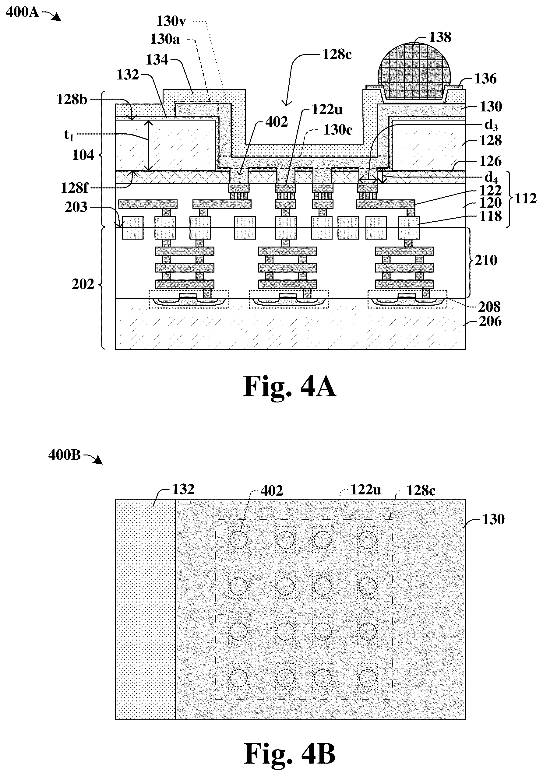 Patent US12347799 Figure 3 – Bond pad structure coupled to multiple interconnect conductive\ structures through trench in substrate