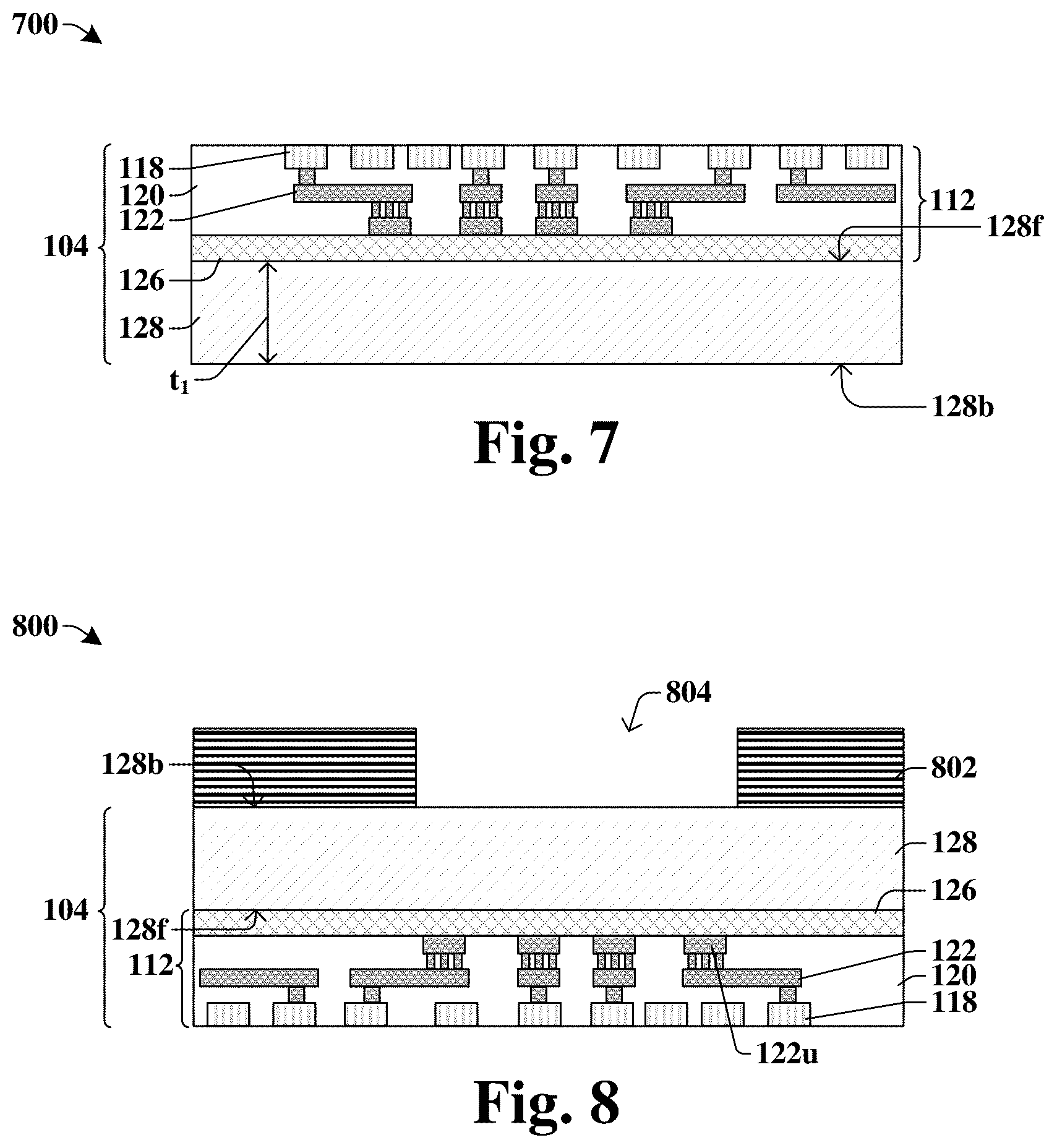 Patent US12347799 Figure 5 – Bond pad structure coupled to multiple interconnect conductive\ structures through trench in substrate