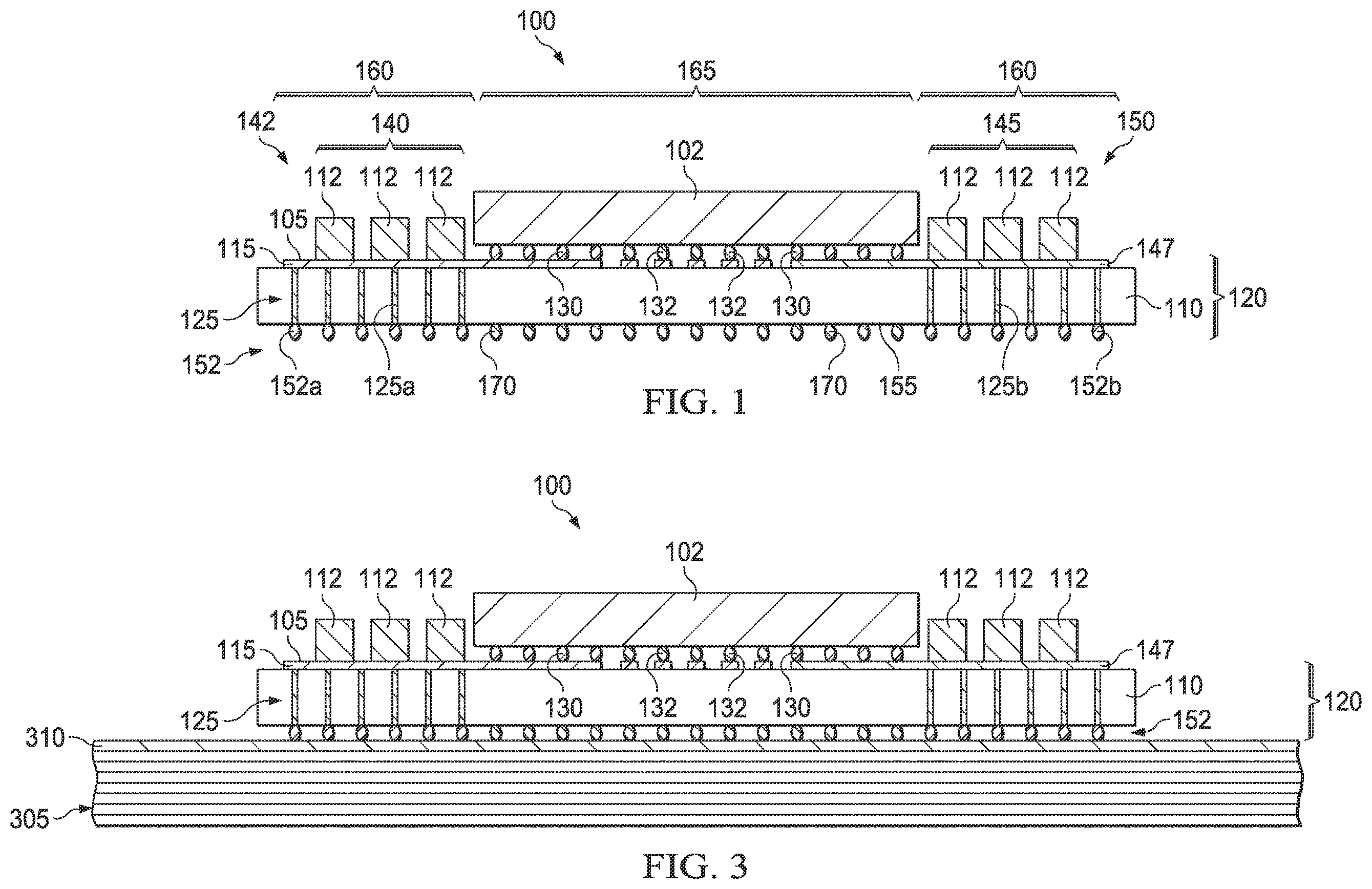 Patent US12347816 Figure 1 – Integrated circuit package with decoupling capacitors