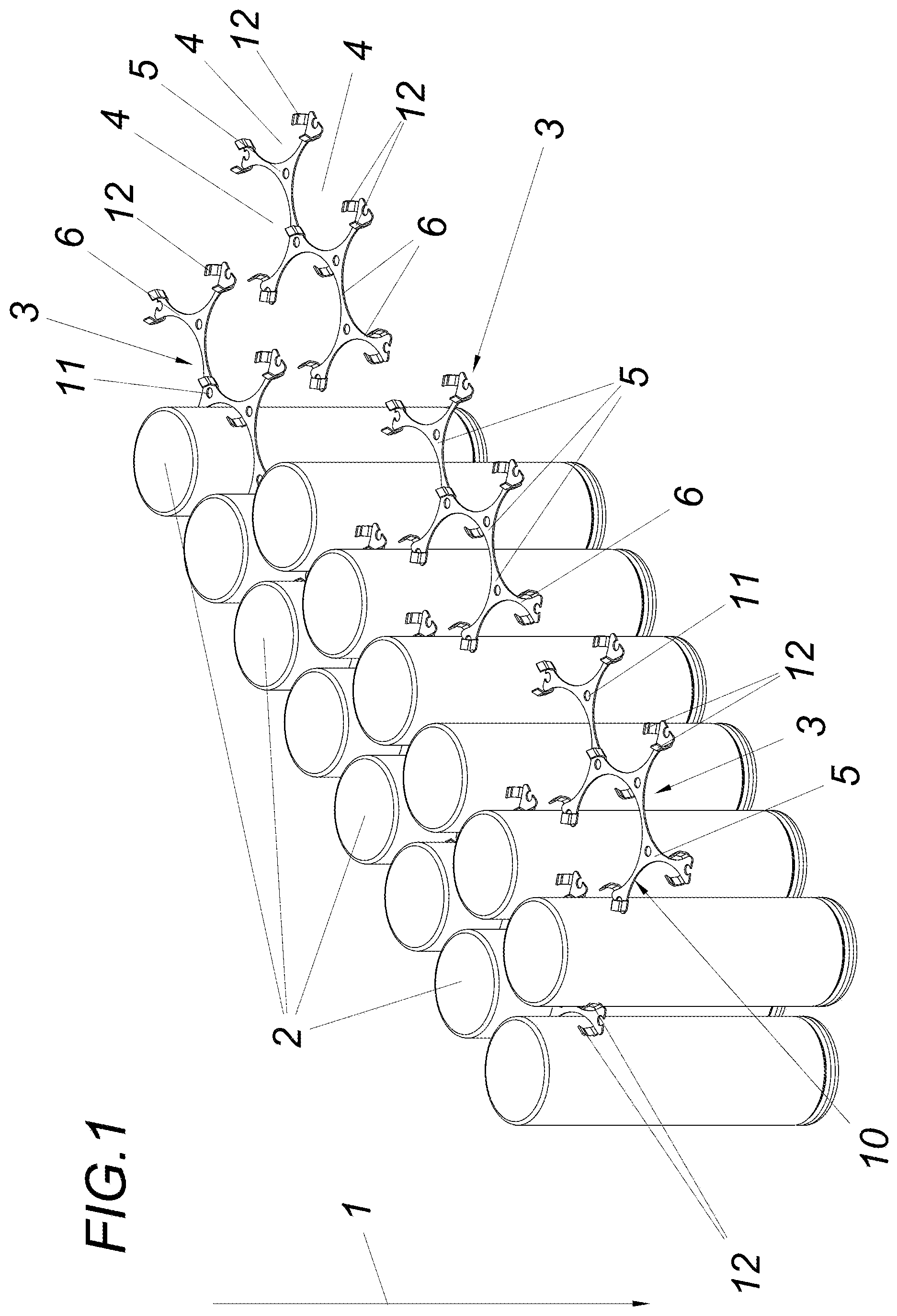 Patent US12347887 Figure 1 – Apparatus having a plurality of battery cells arranged parallel to one another with respect to a joining axis