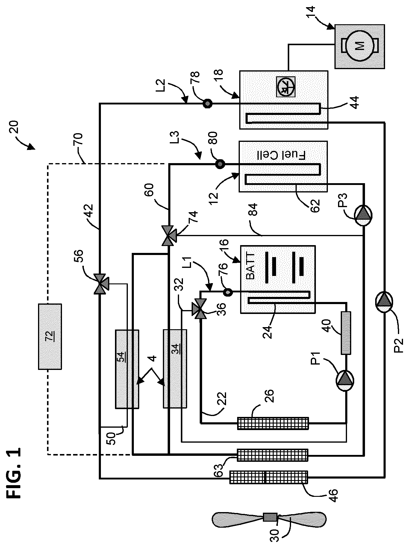 Patent US12347903 Figure 1 – Thermal management system for a fuel cell vehicle
