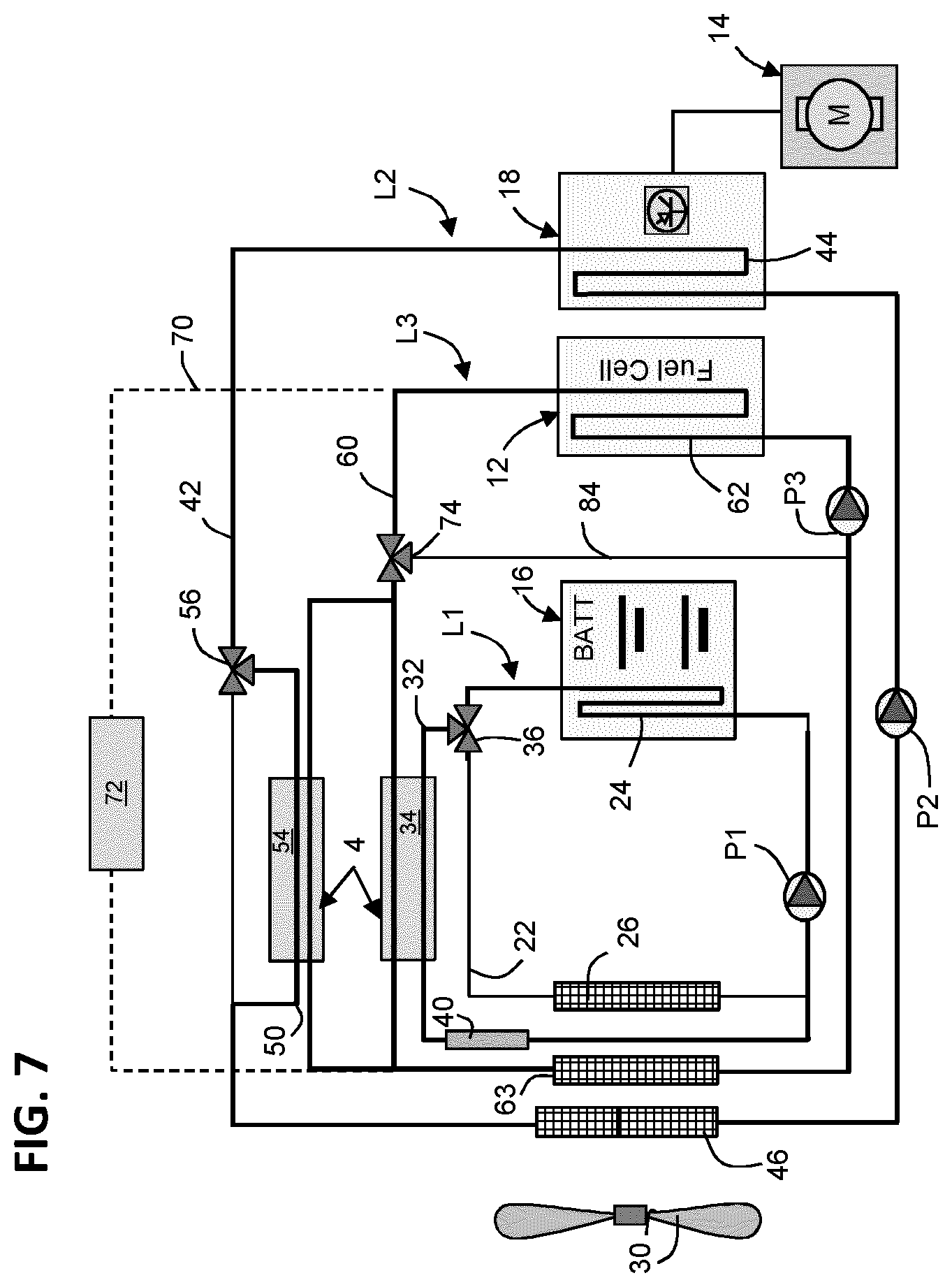 Patent US12347903 Figure 7 – Thermal management system for a fuel cell vehicle