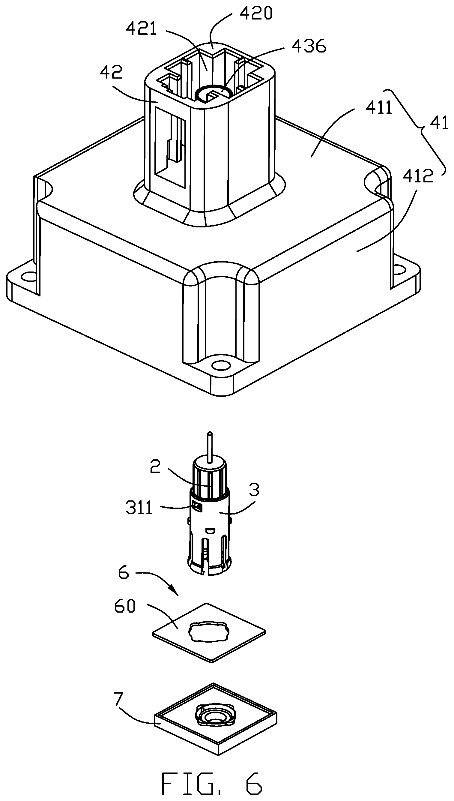 Patent US12347963 Figure 6 – Electrical connector assembly having a metal plate for mounting a connector to a housing