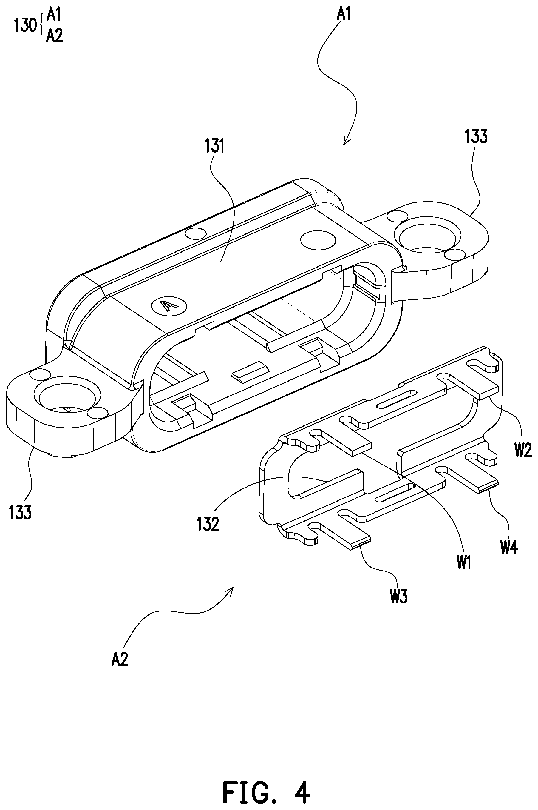Patent US12347964 Figure 4 – Electrical connector with embedded integral shell structure