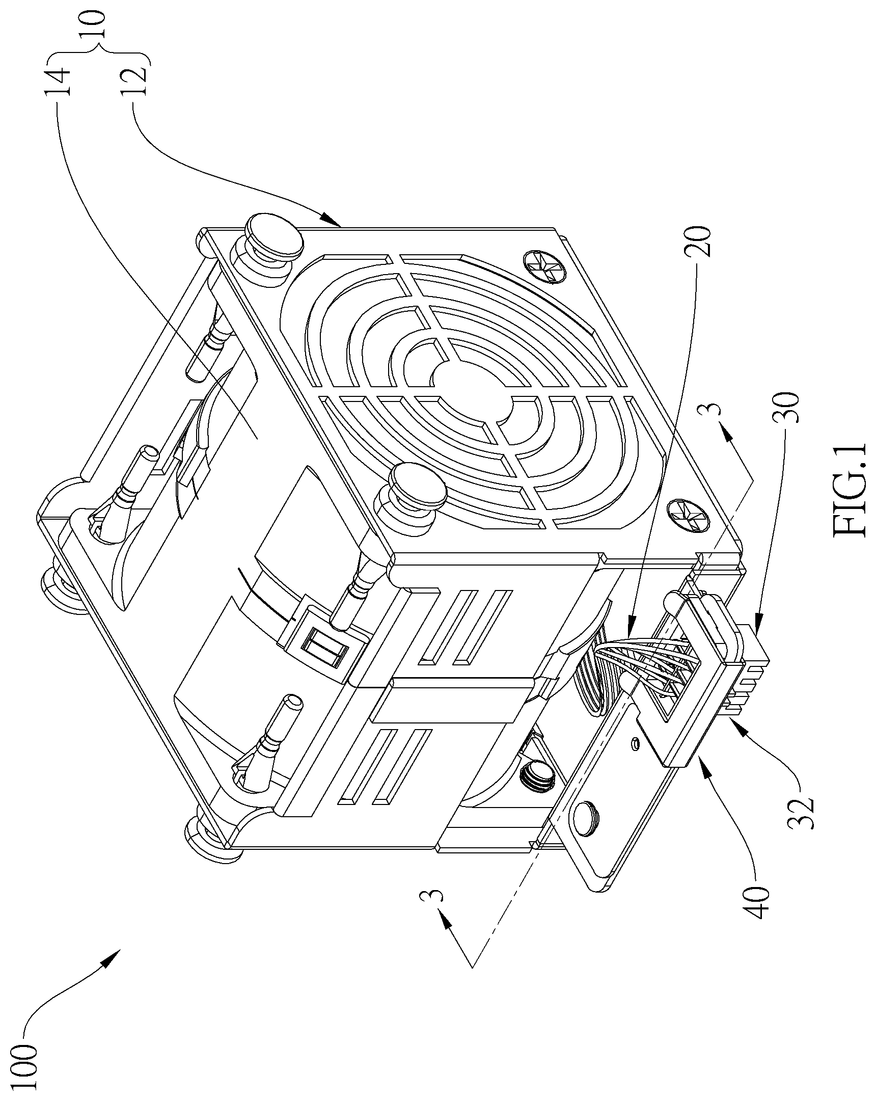 Patent US12347982 — Fan module, electrical device having connector restricting configuration, and a restricting frame — Figure 1