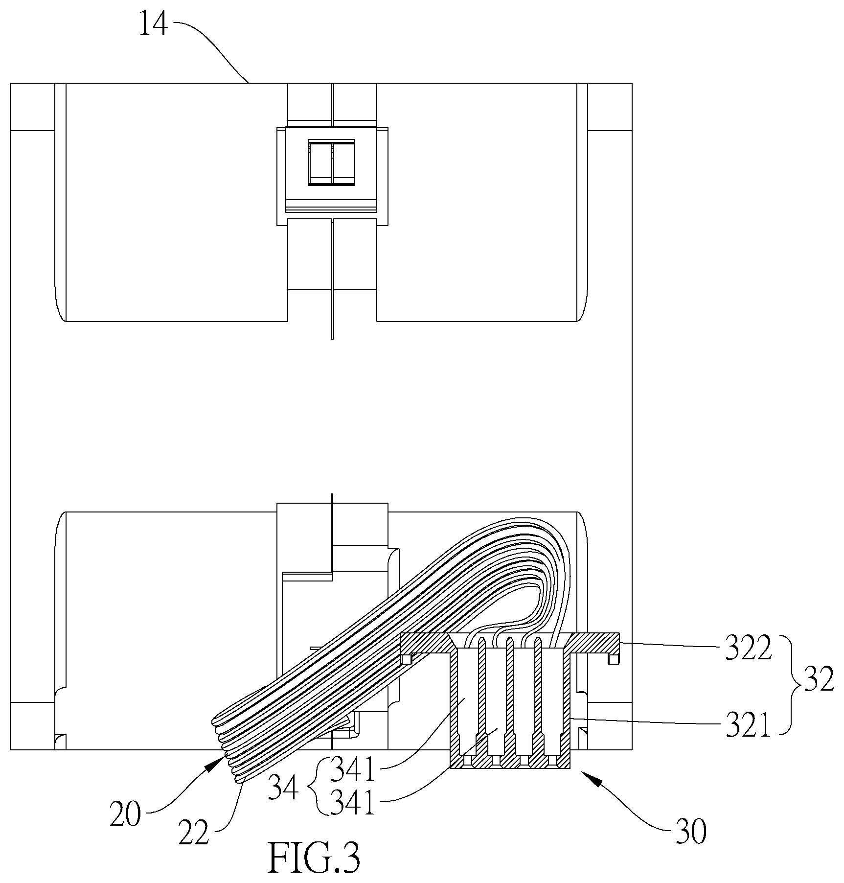 Patent US12347982 Figure 3 – Fan module, electrical device having connector restricting configuration, and a restricting frame