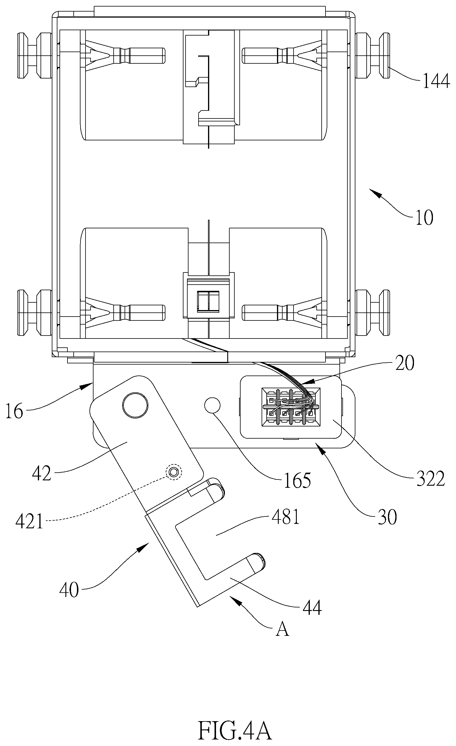 Patent US12347982 Figure 4 – Fan module, electrical device having connector restricting configuration, and a restricting frame