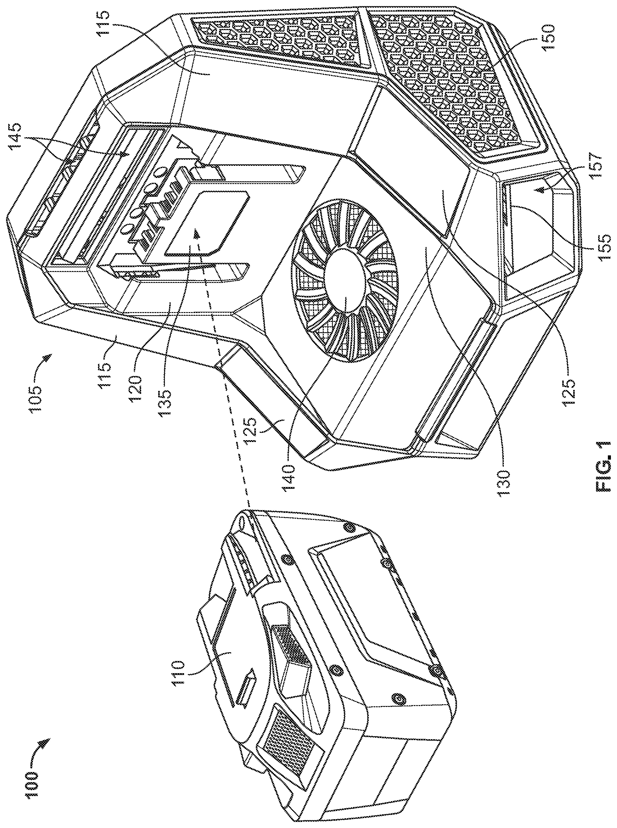 Patent US12348066 Figure 1 – Charger with battery pack cooling fan