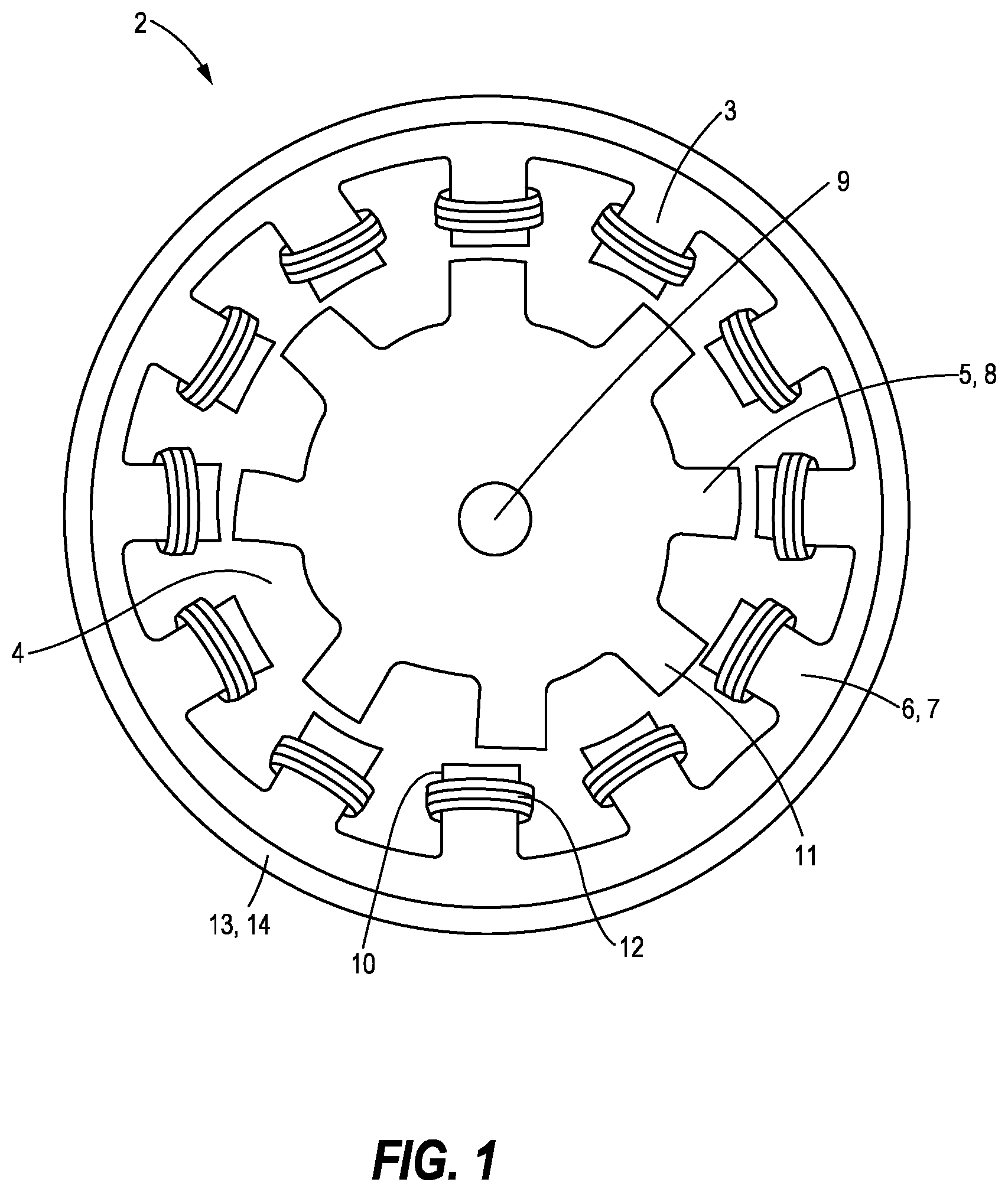 Patent US12348082 Figure 1 – Fluid cooled stator with grooves in stator core