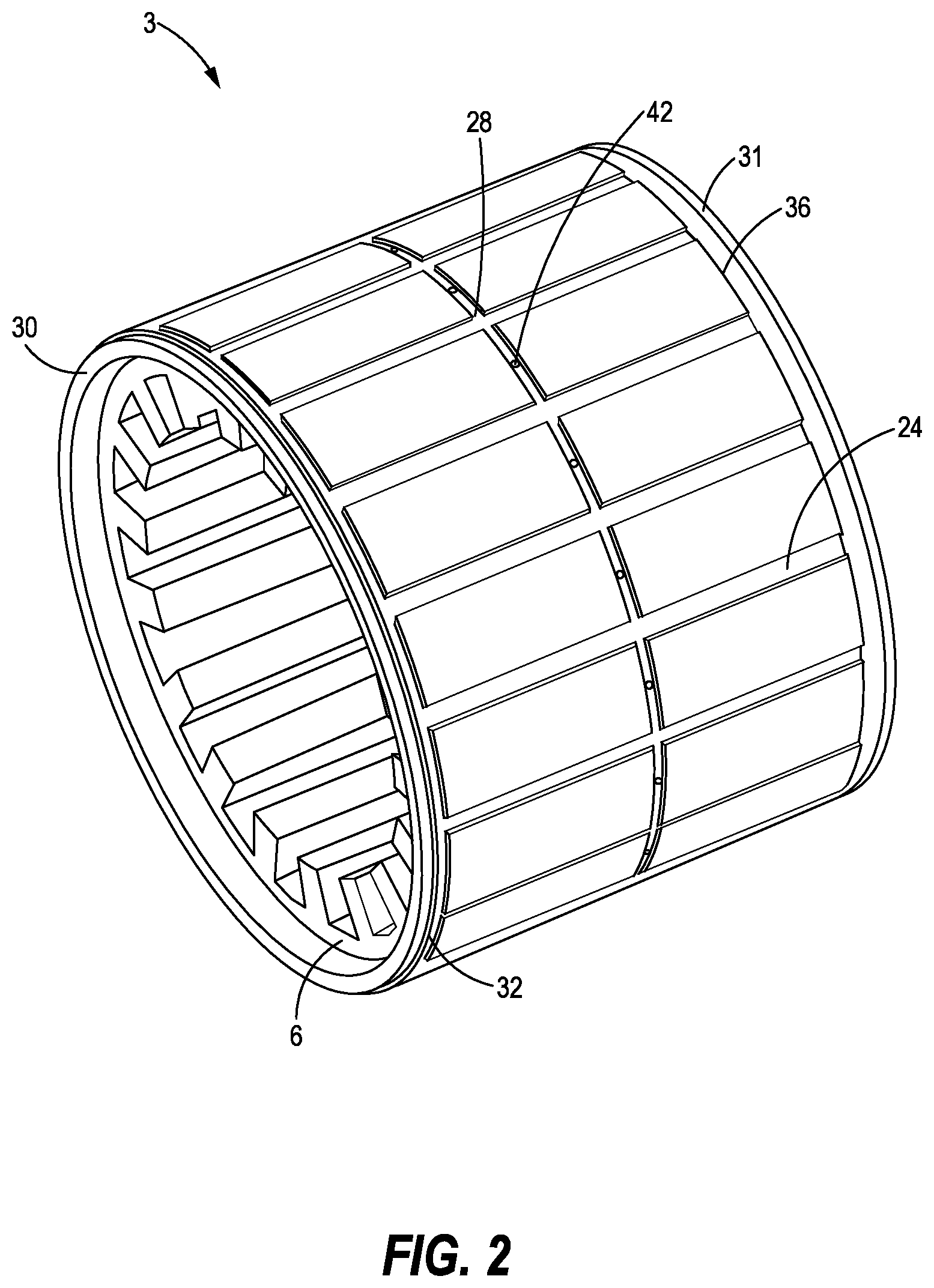 Patent US12348082 Figure 2 – Fluid cooled stator with grooves in stator core
