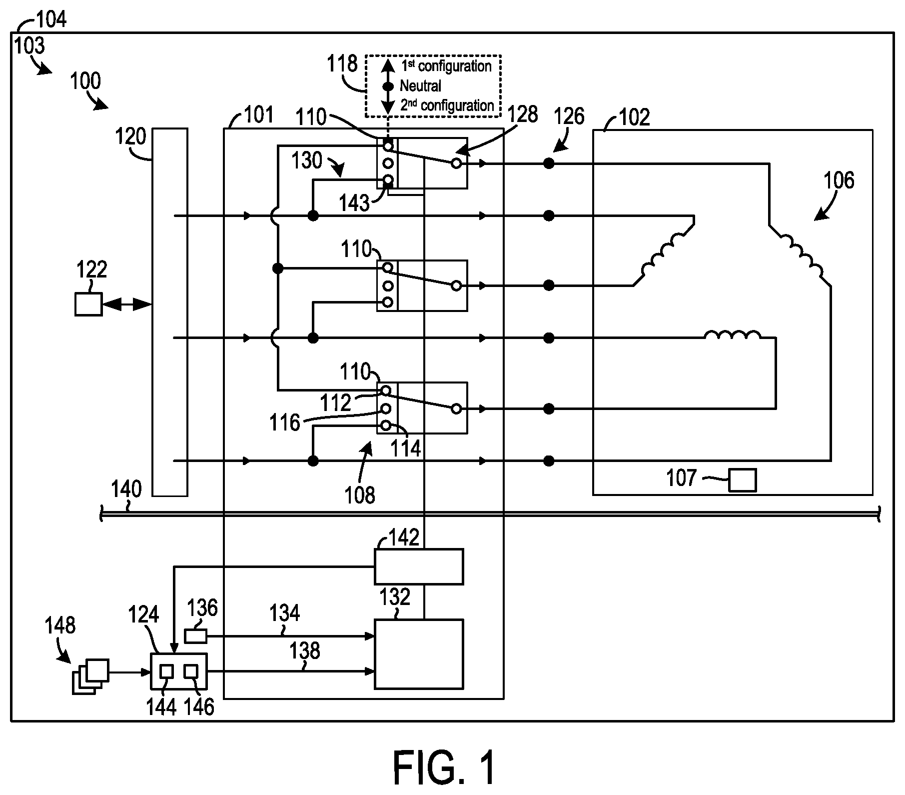 Patent US12348098 Figure 1 – Winding reconfiguration assembly and method for operation of said assembly
