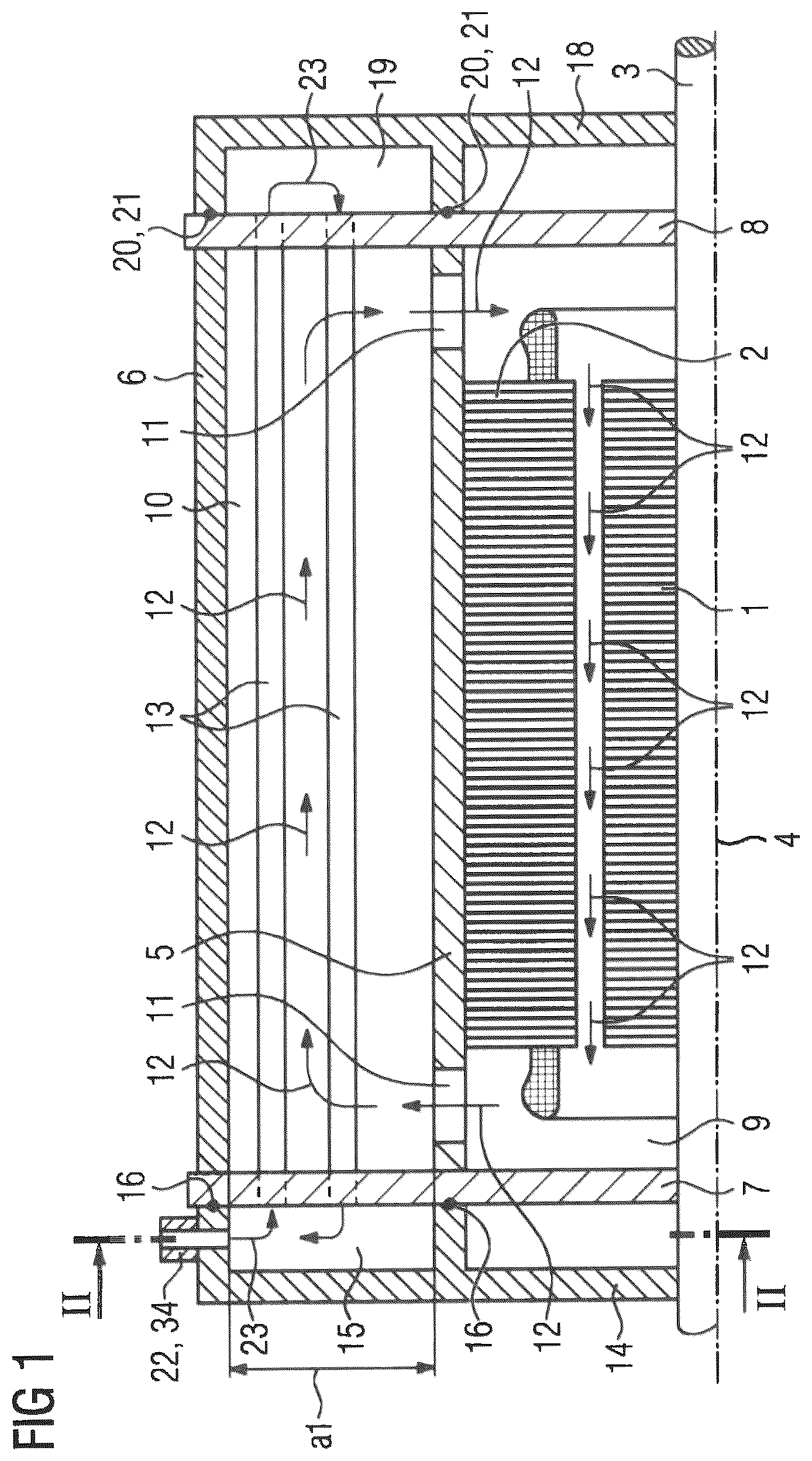 Patent US12348109 Figure 1 – Enclosed electric machine with external liquid cooling circuit and air cooling circuit