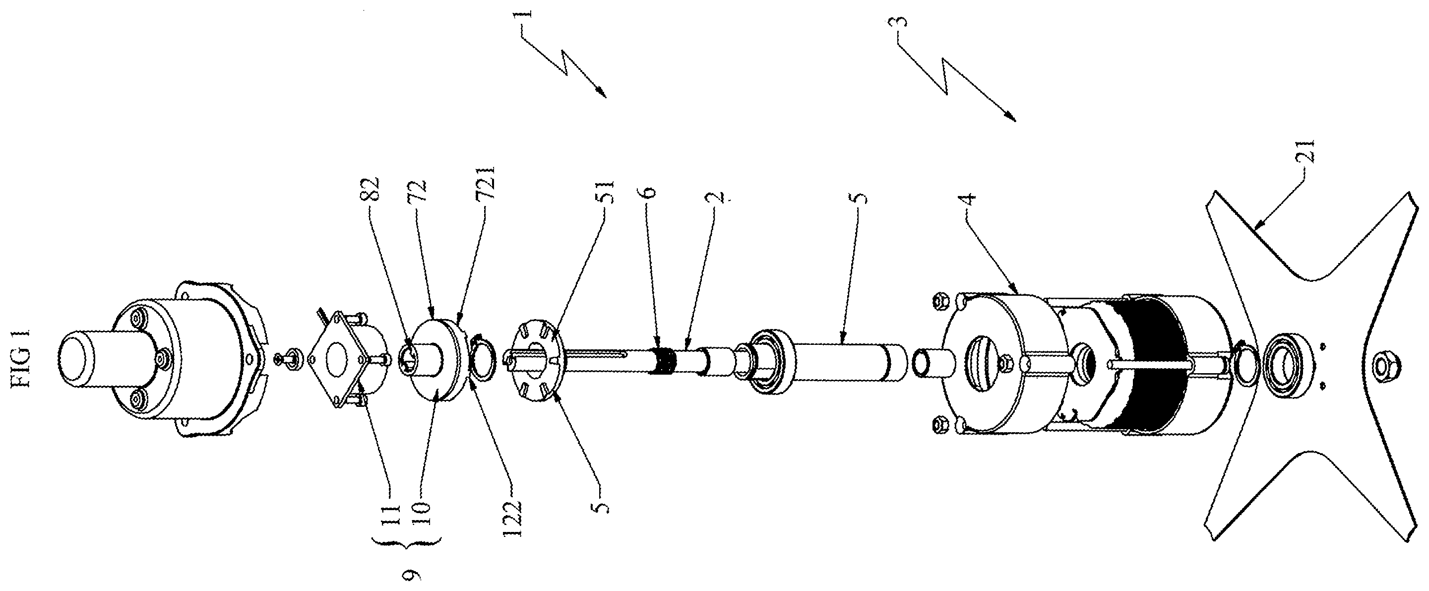 Patent US12348111 Figure 1 – Device for driving rotation or translation of a shaft for a machine tool or wheeled vehicle