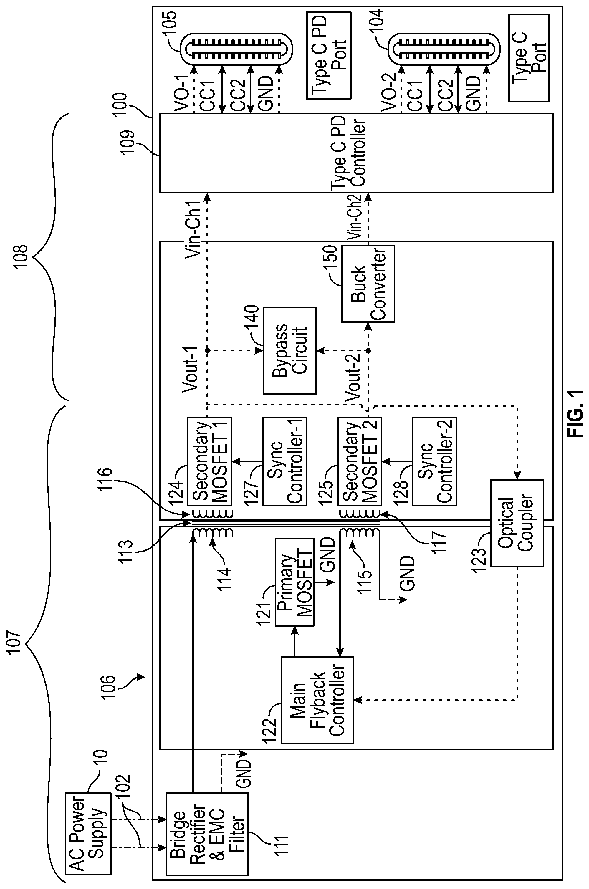 Patent US12348121 — Transitional USB PD (power delivery) dual port receptacle with smart bypass circuit — Figure 1