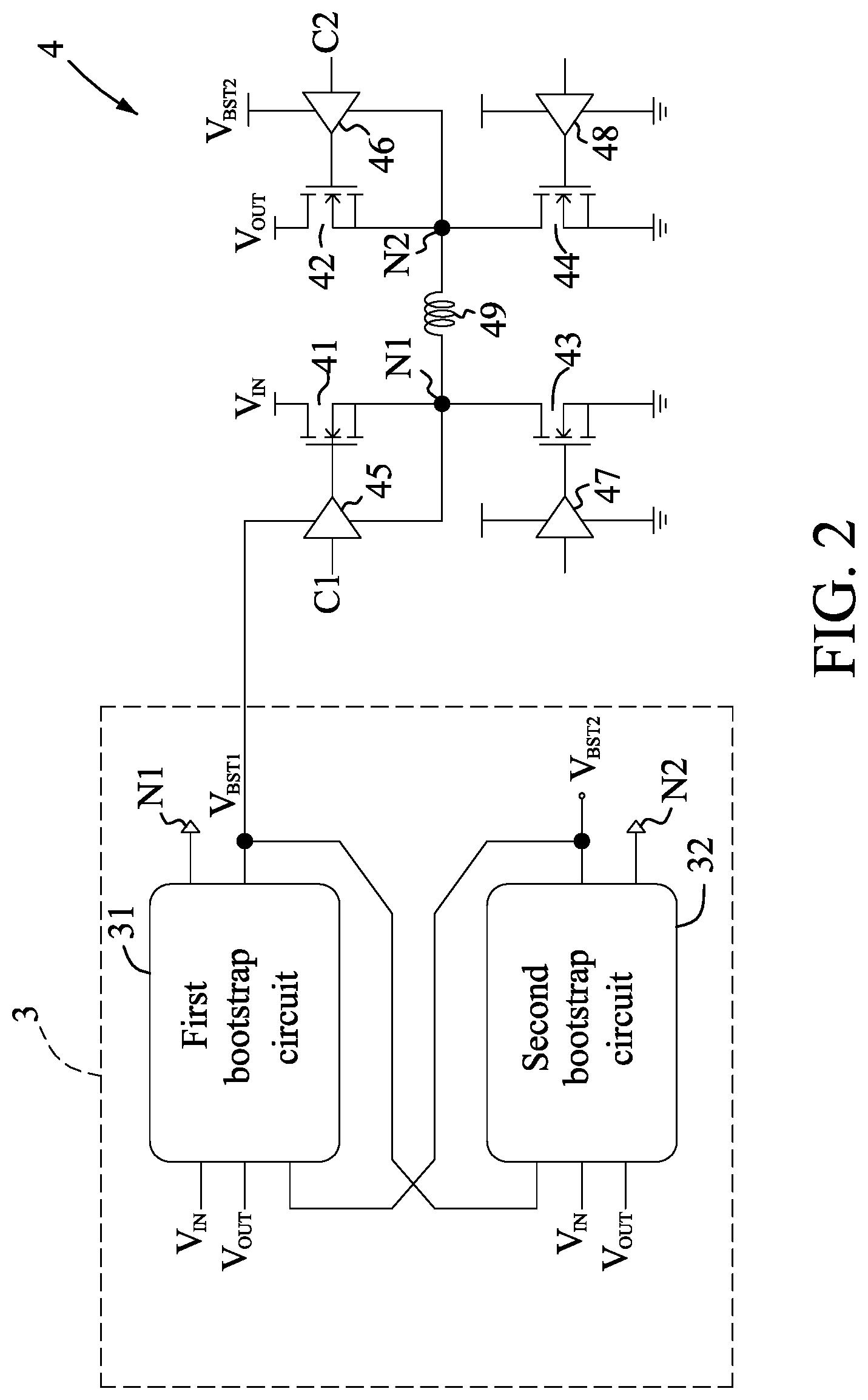 Patent US12348124 Figure 2 – Bootstrap device and buck-boost converter