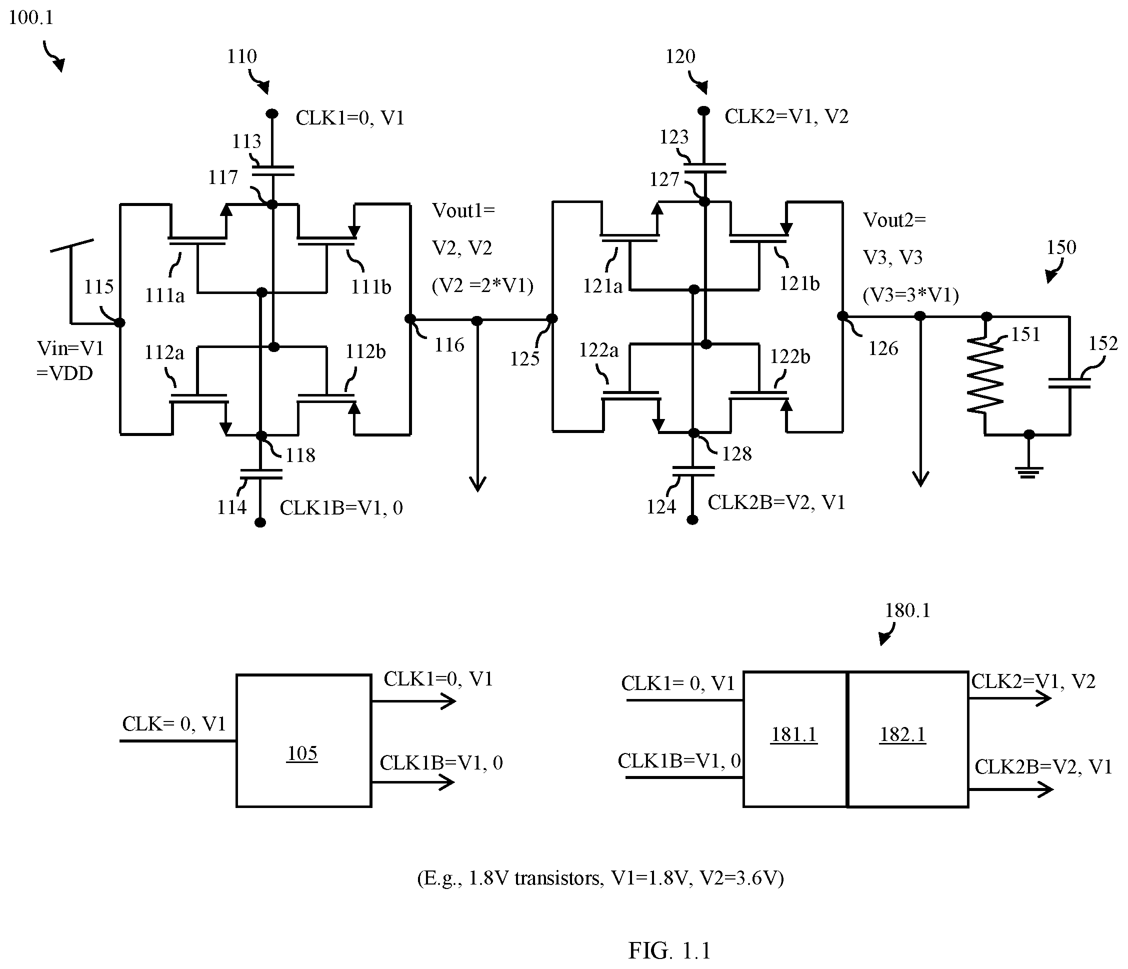 Patent US12348133 Figure 1 – Multi-stage charge pump circuit including voltage level shifter for clock signal generation